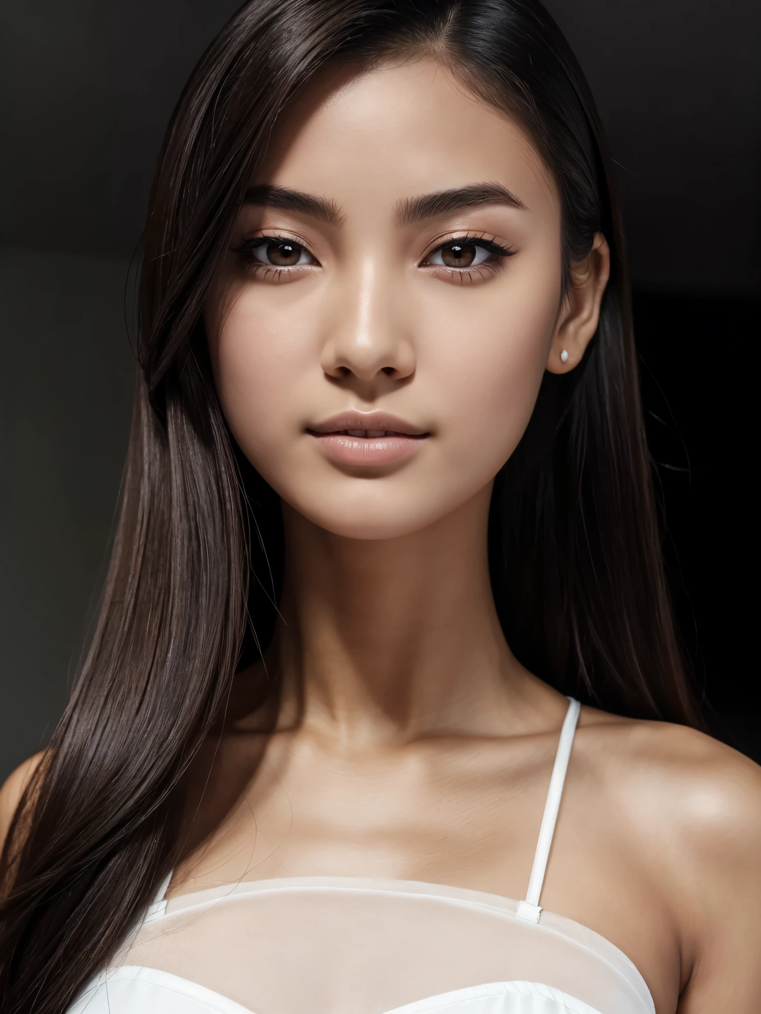 ((Beautiful)+nerd:0.8+cute:0.9) asian_woman, 20_years_woman, young_facial_feautures, (short_head:1.5 round_face:1.5), long_hair straight_hair (black_hair:1), symmetric_eyes:1 monolid_eyes:1 large_eyes:1.2 short_eyes:1.2 eye_wings:0.8 brown_eyes:1.5 mahogany_brown_eyes:1, double_eyelid:0.8, small_eyebrows:1.5 rounded_eyebrows:1.3, (tanned_skin:1.3), european_nose:1 delicate_nose:1.2, young_gorgeous_woman, feminine_cheeks large_cheeks:1.3 round_cheeks:1.2 cheek_dimples:0.9, small_lips:1.4 pink_lips:0.9, most_beautiful_woman (1Woman:1.5, (Masterpiece, 8K, best quality, highres:1.5), (three_quarter_shot:1.5, looking_at_viewer:1.5, body_looking_at_viewer:1.5), white_photoshoot:1, white_room:1, white_backdrop:1.5, standing, neutral_body_posture:1.5, (neutral_facial_expression:1.5, closed_lips:1), wearing white_strapless_mini_dress), slender_body:1, short_body:1, medium_breast