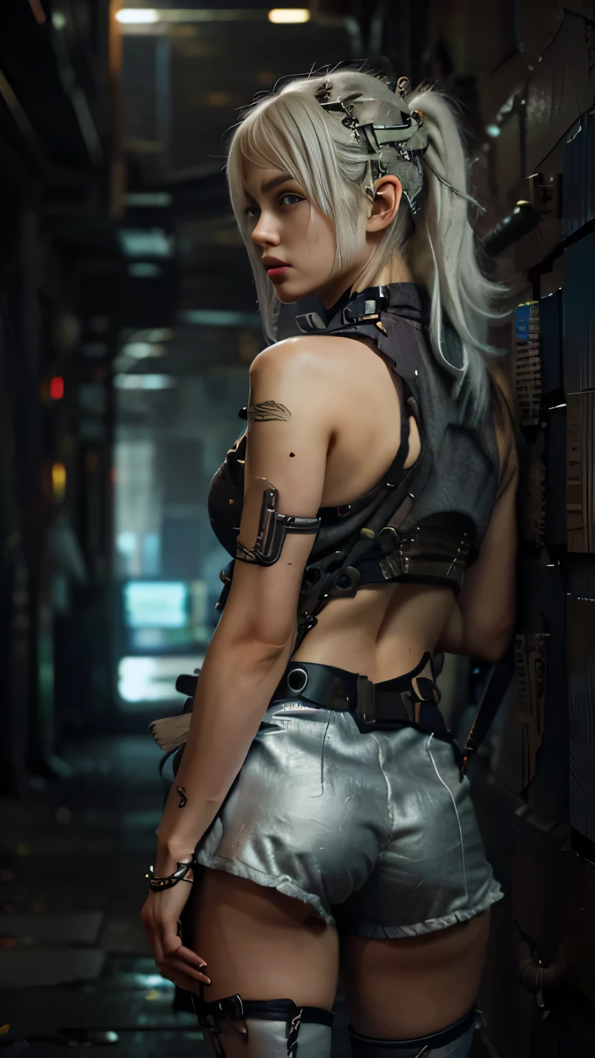 A female standing against the wall leaning her sword against the ground. Very beautiful cyberpunk samurai, she is holding a katana sword, pulling the katana out of its sheath, she is holding a sword, the back is ornate of Korean pole, realistic 3D anime style, cgsociety anime fantasy artwork 9,2.5D cgi, 3 d realism anime.pose beautiful.redAssassin.Standing sitting with arms crossed, sword on shoulder.(Standing arms crossed over chest, back to wall).white hair.big thighs.rolita robot.