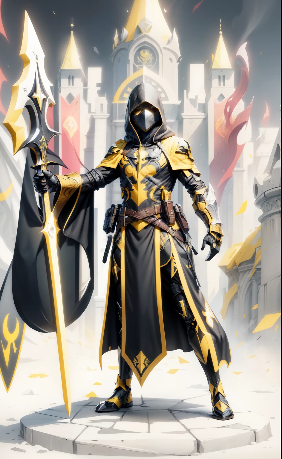 shield logo, black and white relief, vector, Yellow cloak, the face is completely covered by the hood, plain hood with less details on the face, turn your body to the right, semi-sitting position, Sword in his right hand