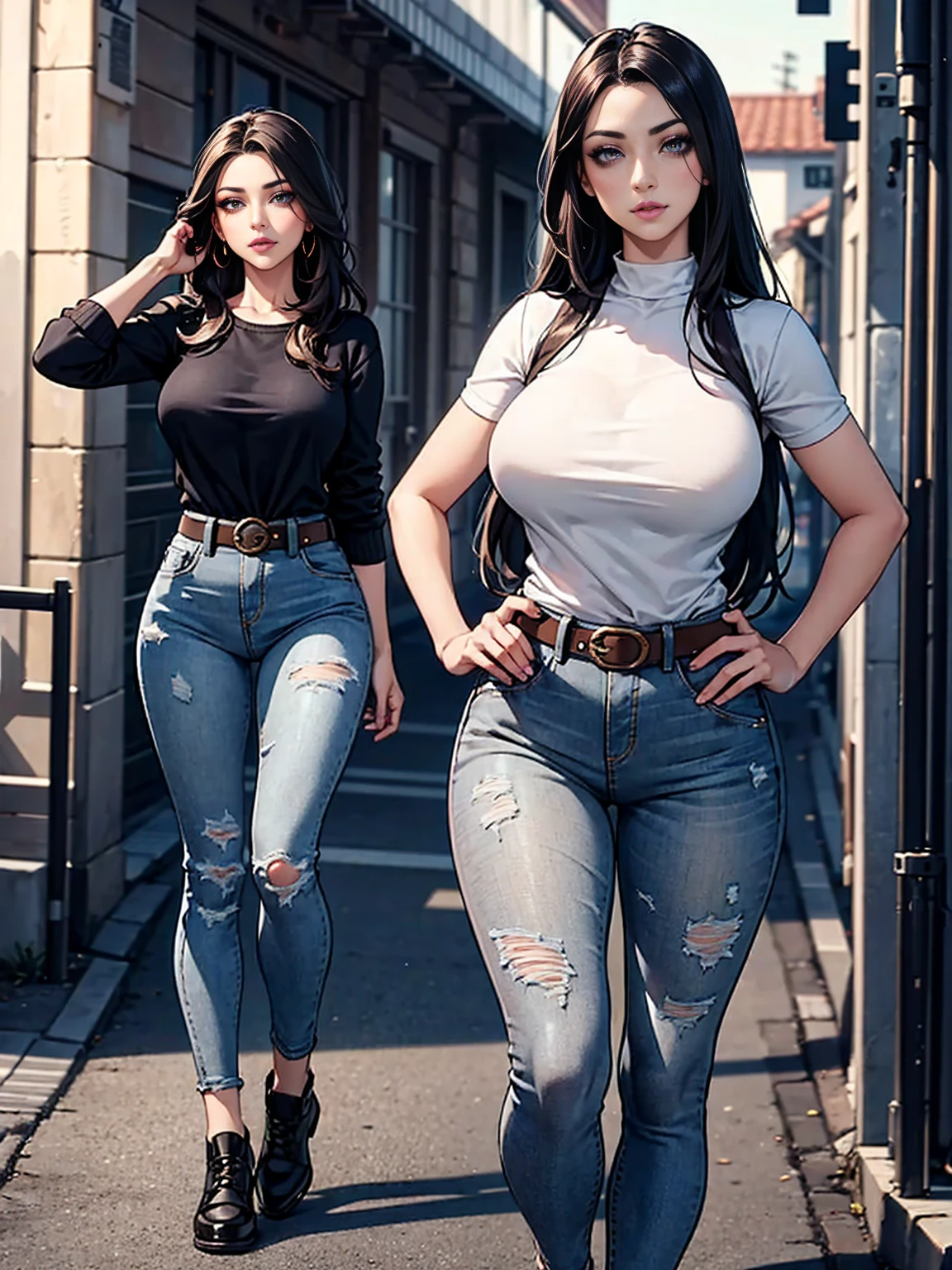 chav spanish girl wearing high waisted gray jeans and a sueter in the road with a big belt, longhair, high beautiful detailed eyes, beautiful detailed lips, sexy, confident expression, long hair, sexy complexion, elegant pose, subtle makeup, full body view