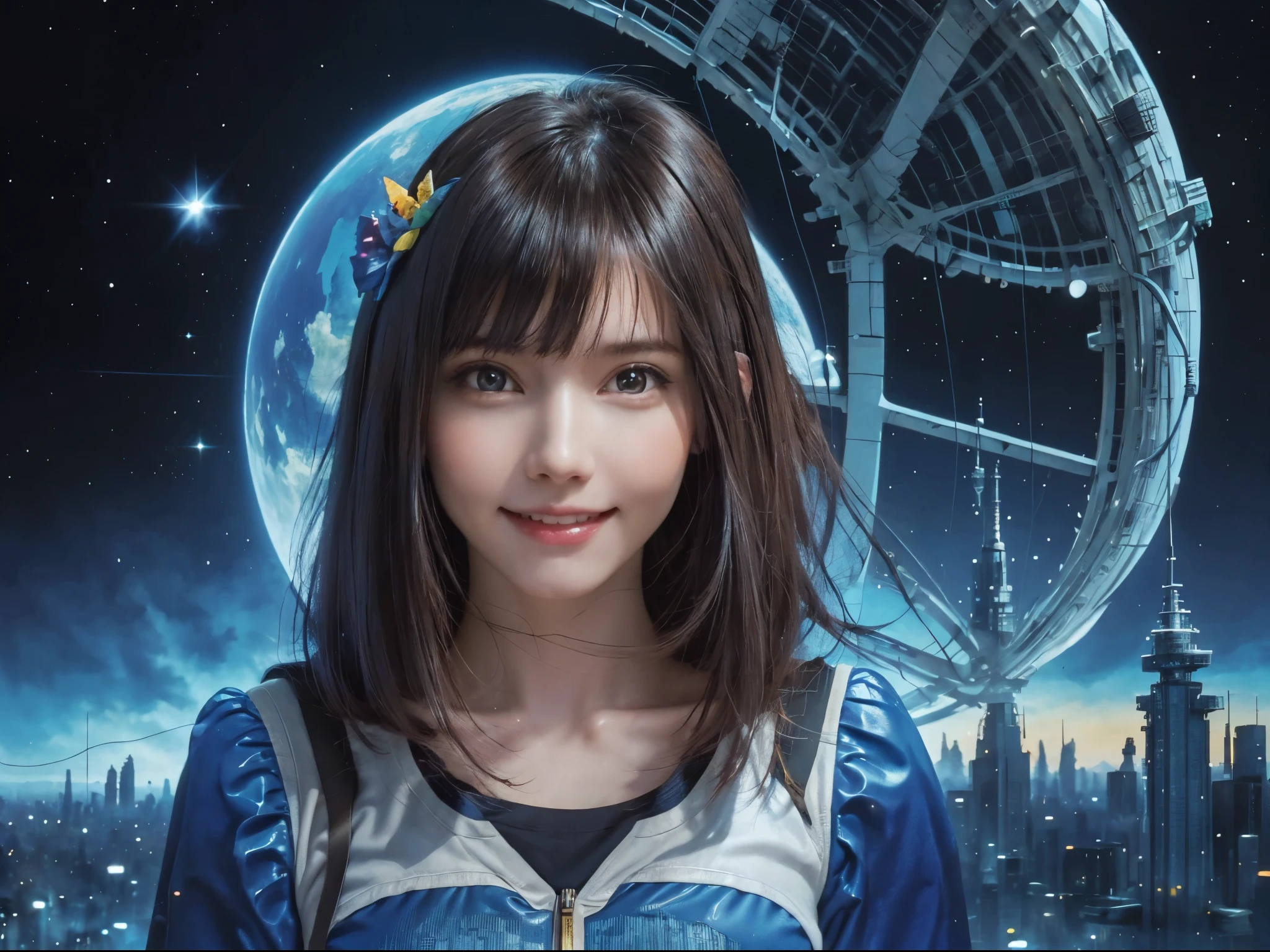 Smiling  girl, holding a blue planet in her hand, in the air, bird's eye view, science fiction city, glare, forest of electronic circuits, precise watercolor painting, abstract expression, fairy tale, ((The face is realistic and beautiful) )) ((highest quality)), ((high resolution 16k)), ((background is realistic and beautiful)), --Auto
