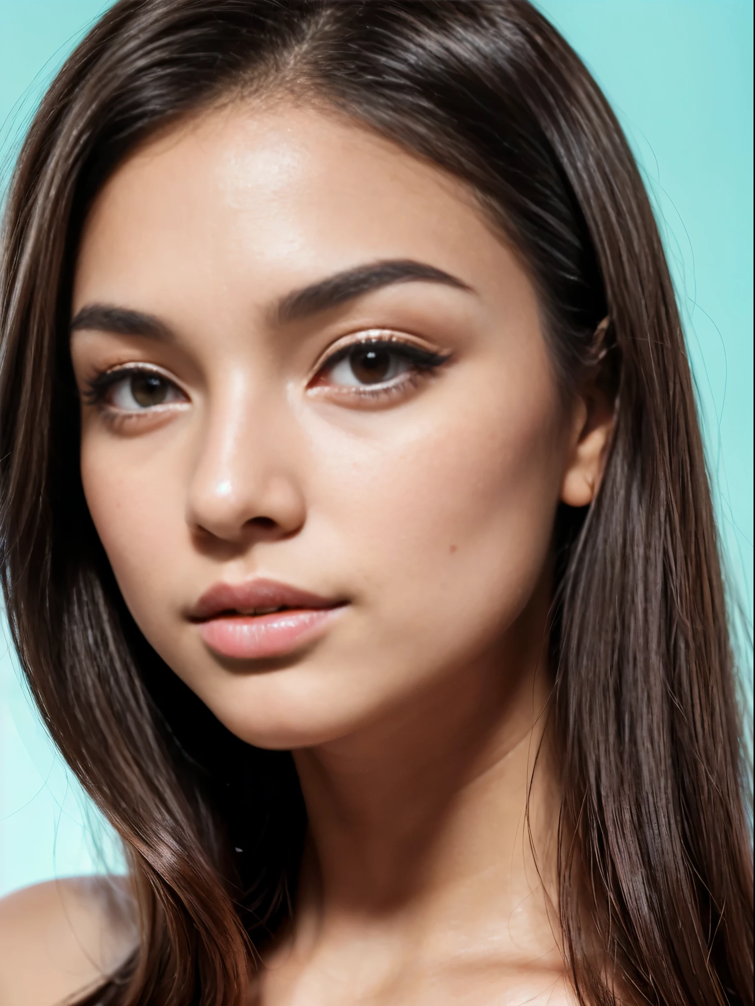 Masterpiece, realistic, highly detailed, best quality, (looking_at_viewer, young feminine 25 years woman, symmetric_face, very_cute_round_face_shape, short_face, small_face, young_face, big_breasts, short_body:1, rounded_chin+jaw, small_jaw, short_jaw, very_cute+very_feminine young_girl, tanned_skin, long_straight_hair, dark_brown_hair, very_thin_eyebrows, very_thin_brows, round_thin_brows, round_thin_eyebrows, brown_eyes, big_eyes:0.3, large_eyes:1.3, round_eyes:0.6, symmetric_eyes, mascara:0.8, makeup:1, slim_nose:1, feminine_prominent_cheekbones:1.2, slim_greek_nose, rounded_nose:1, thin_nose:1, thin_nostrils:1, thin_nose_bridge:0.5, thin_nose_tip:1, small_nose_tip:1, feminine_pink_lips, sensual_flirting_expression, wearing_turquoise_lingerie, white_backdrop), upper body headshot, Big breasts:1.3