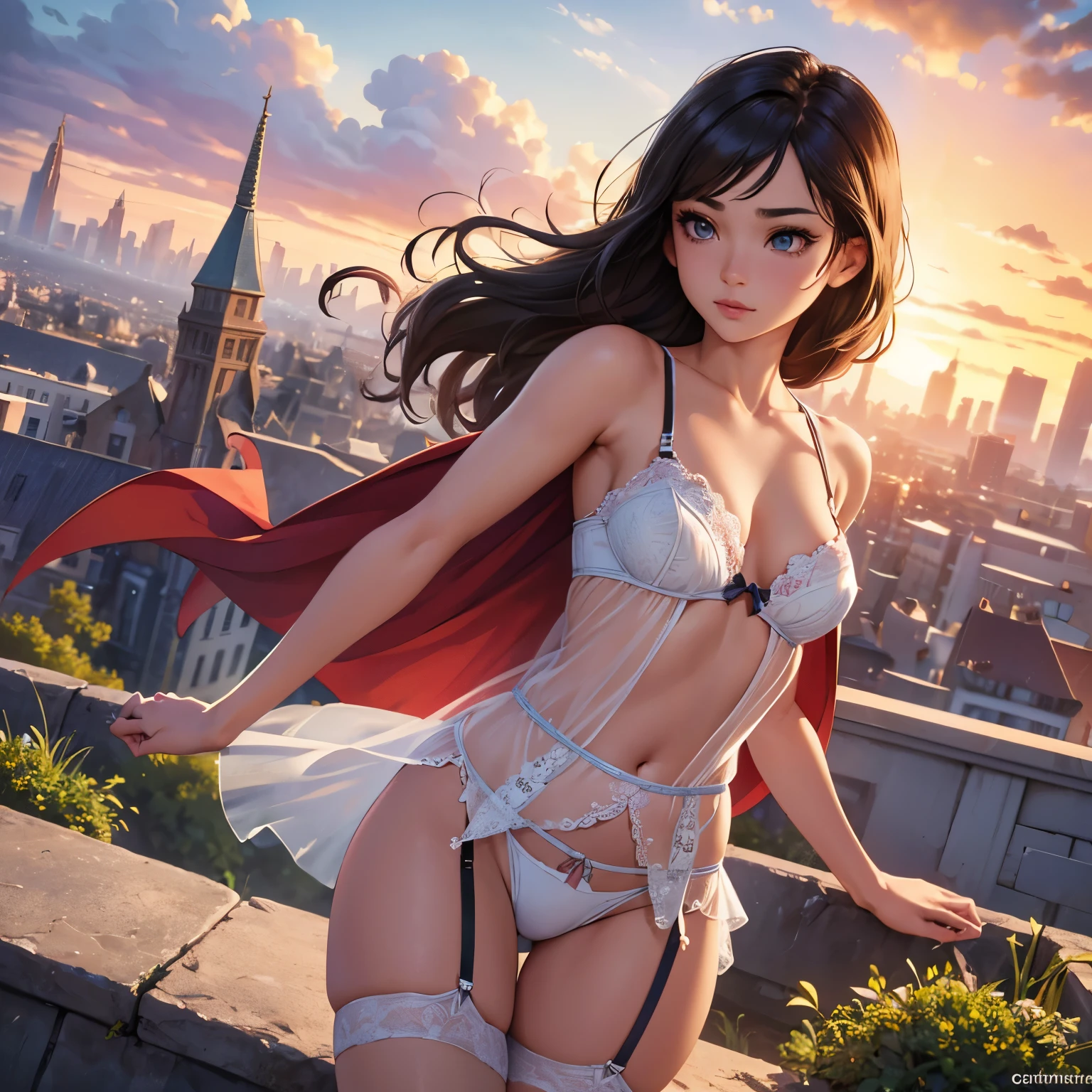 best quality, ultra-detailed, masterpiece, fine details, high res, 8k wallpaper, best quality, highres, cowboy shot, supergirl, flat chest, small , painfully pretty, superbly sexy, spaghetti strap top, garter belt, lingerie, dynamic action, flying, doing superhero stuff, superhero, beautiful girl, woman, solo, fly, sky, cloudy sky, (cute:1.3), realistic, (cute), (detailed face), detailed eyes, detailed iris, detailed skin, masterpiece, professional photoshoot, perfect face, spaghetti strap top