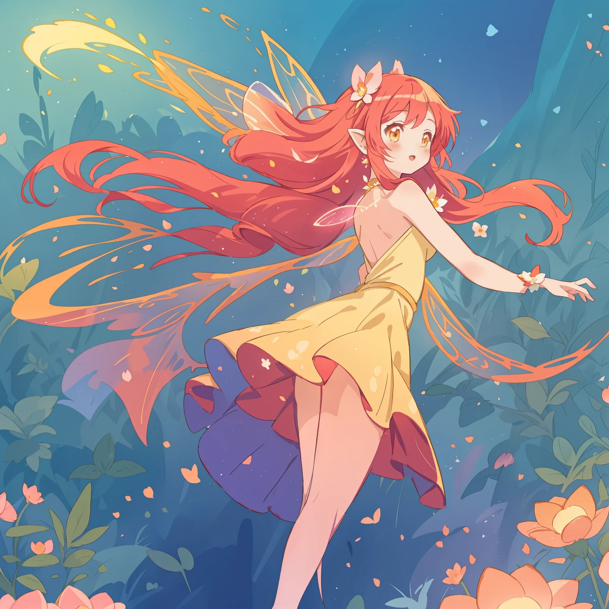 beautiful fairy girl in flowing yellow peach dress, long flowing pink peach red hair, large fairy wings on her back, colorful fantasia background, watercolor illustration, disney art style, glowing aura around her, glowing lights, beautiful digital illustration, fantasia otherworldly landscape plants flowers, beautiful, masterpiece, best quality, anime disney style