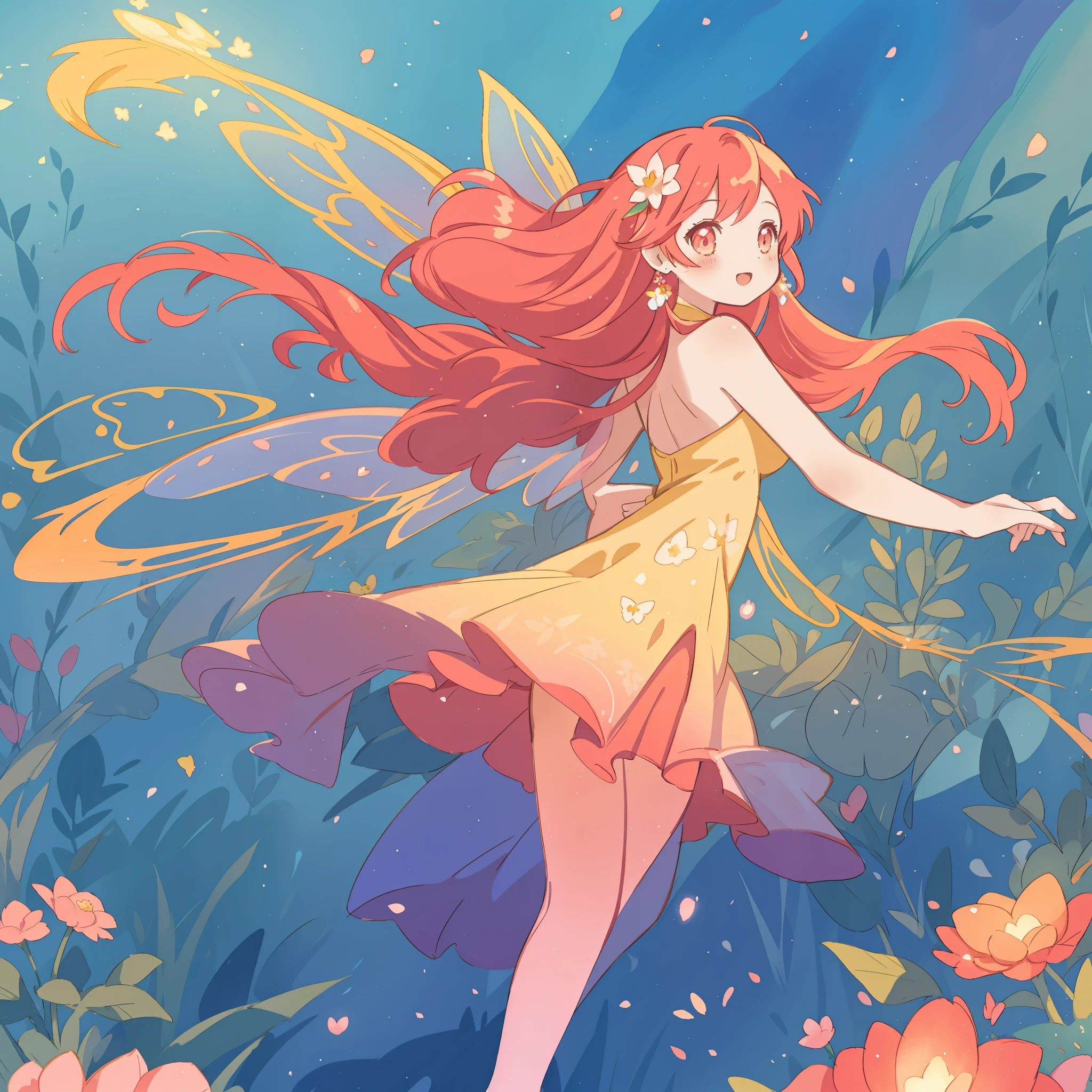 beautiful fairy girl in flowing yellow peach dress, long flowing pink peach red hair, large fairy wings on her back, colorful fantasia background, watercolor illustration, disney art style, glowing aura around her, glowing lights, beautiful digital illustration, fantasia otherworldly landscape plants flowers, beautiful, masterpiece, best quality, anime disney style