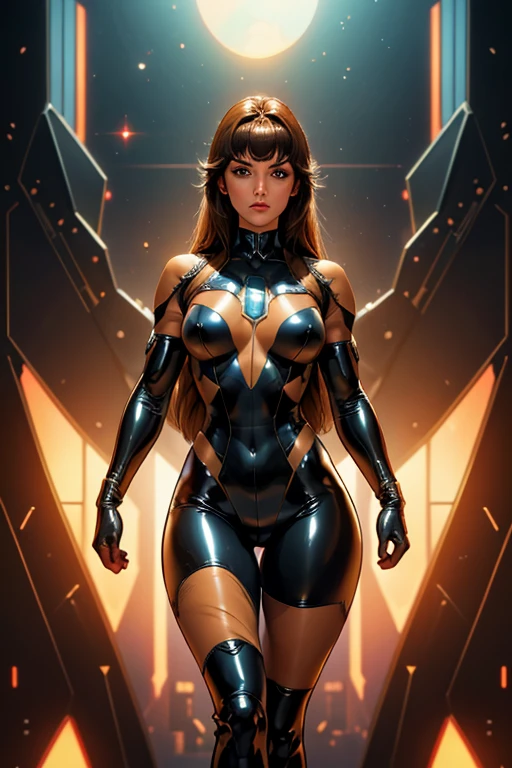 Best quality, 8K, woman retro super hero futurism, beautiful and detailed face, black straight long hair, bangs,big eyelashes,LOOKING TO observer,TRANSPARENt LATEX leotard, metalic details, LIGHT BROWN TAN pantyhose, sheer gloves,sci-fi RETRO SPACESHIP scenario