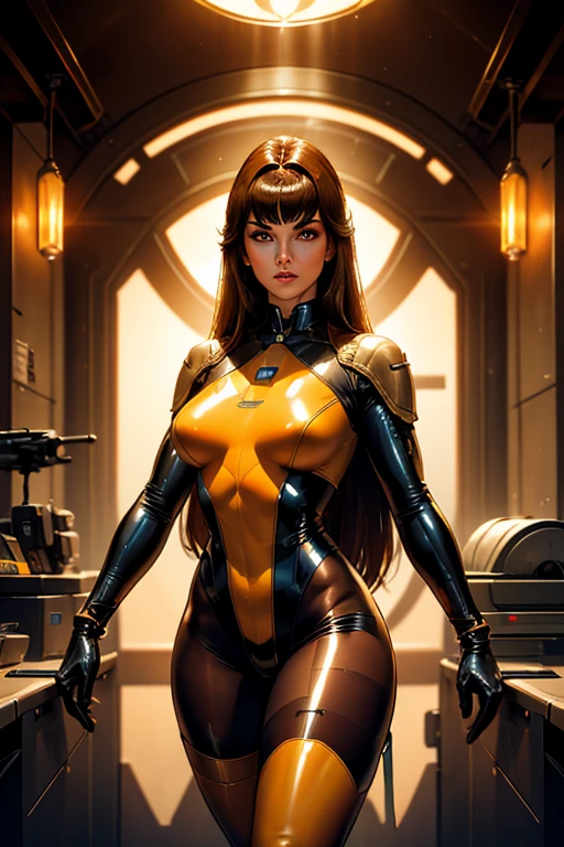 Best quality, 8K, woman retro super hero futurism, beautiful and detailed face, black straight long hair, bangs,big eyelashes,LOOKING TO observer,TRANSPARENt LATEX leotard, metalic details, LIGHT BROWN TAN pantyhose, sheer gloves,sci-fi RETRO SPACESHIP scenario