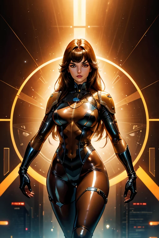 Best quality, 8K, woman retro super hero futurism, beautiful and detailed face, black straight long hair, bangs,big eyelashes,LOOKING TO observer,TRANSPARENt LATEX leotard, metalic details, LIGHT BROWN TAN pantyhose, sheer gloves,sci-fi RETRO SPACESHIP scenario