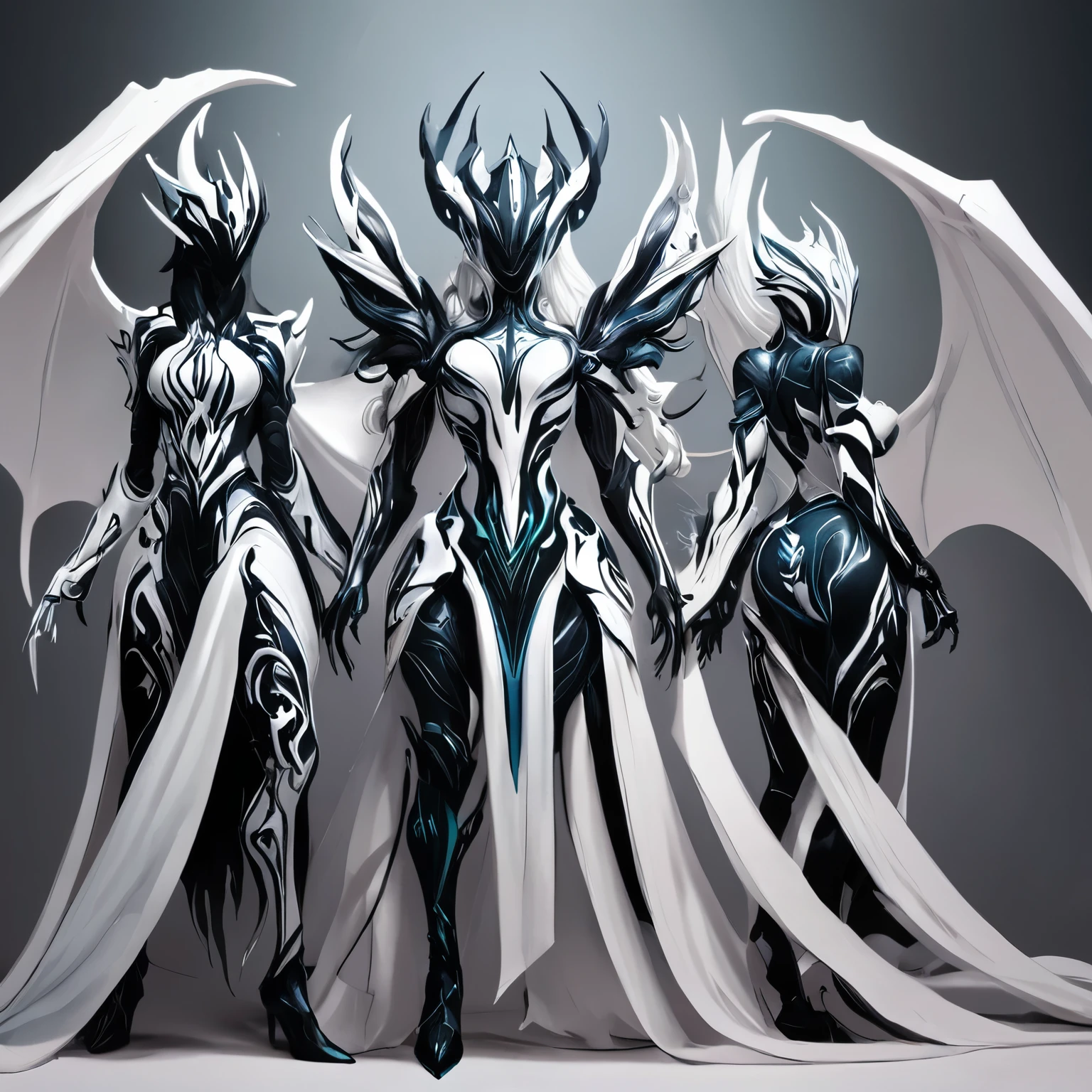 personagens de anime vestidos em preto e branco posam para uma foto, the three moiras, chaos nightmare ❄️ amour venom, human and dragon fusion, high quality fanart de warframe, hahaha, arte infestada de warframe, epic anime art, demon soul concept art, Arte Zerochan, fanart de warframe, epic anime style, arte encomendada, symmetrical conceptual art