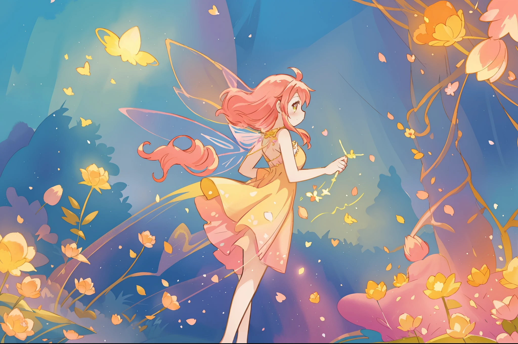 beautiful fairy girl in flowing yellow peach dress, long flowing pink peach red hair, large fairy wings on her back, colorful fantasia background, watercolor illustration, disney art style, glowing aura around her, glowing lights, beautiful digital illustration, fantasia otherworldly landscape plants flowers, beautiful, masterpiece, best quality, anime disney style