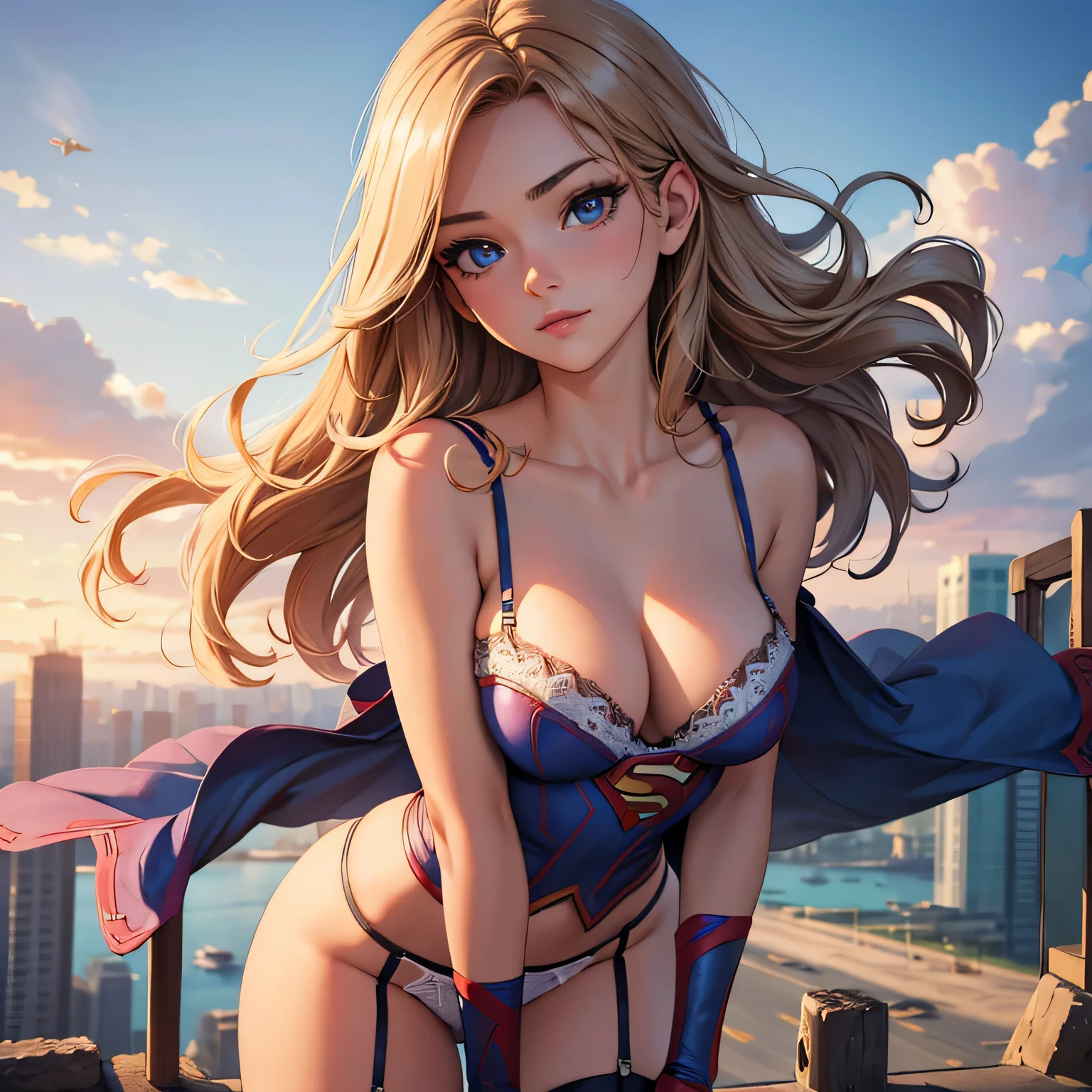 best quality, ultra-detailed, masterpiece, fine details, high res, 8k wallpaper, best quality, highres, cowboy shot, supergirl, flat chest, small , painfully pretty, superbly sexy, spaghetti strap top, garter belt, lingerie, dynamic action, flying, doing superhero stuff, superhero, beautiful girl, woman, solo, fly, sky, cloudy sky, (cute:1.3), realistic, (cute), (detailed face), detailed eyes, detailed iris, detailed skin, masterpiece, professional photoshoot, perfect face, spaghetti strap top
