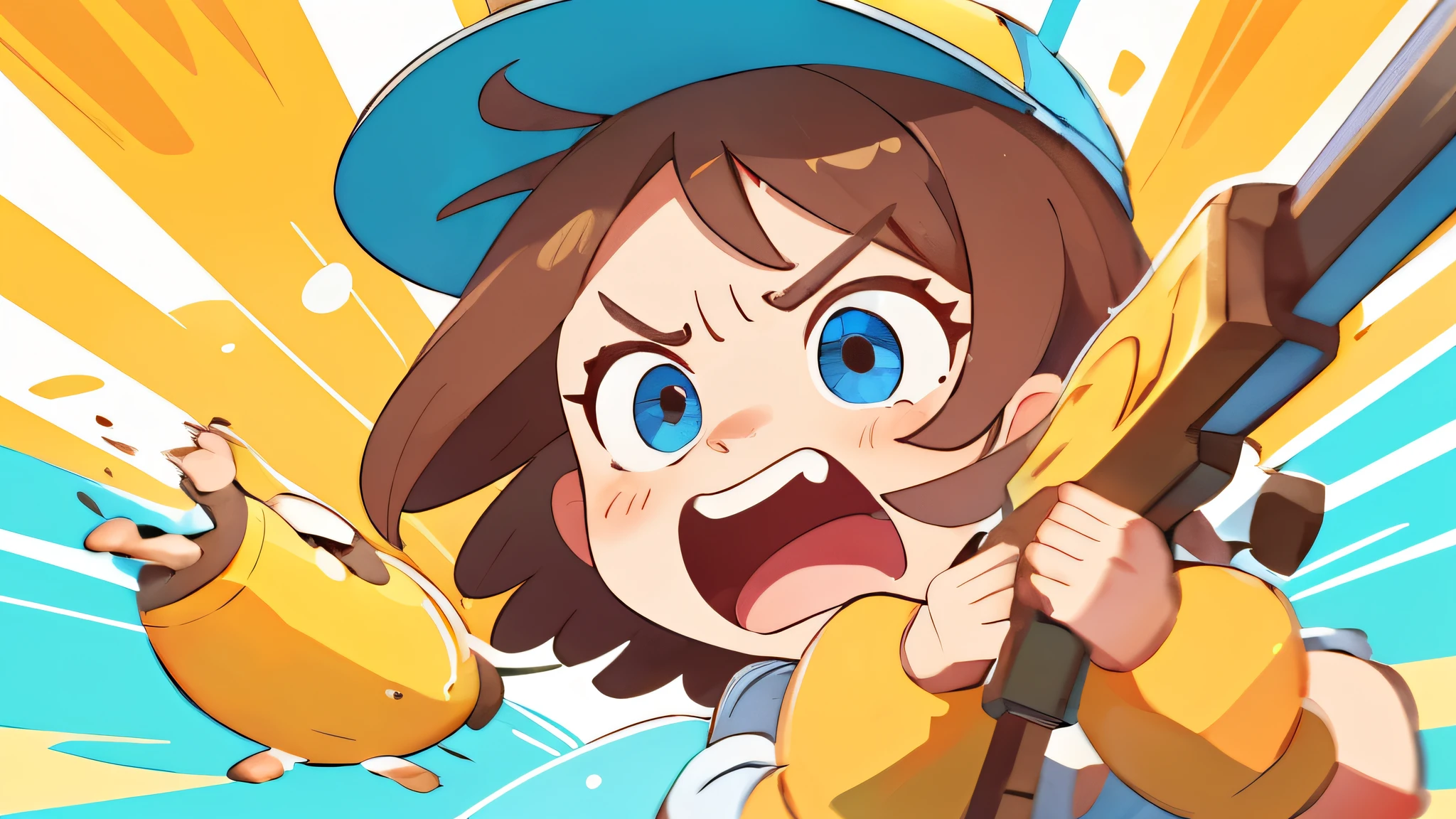 mad, angry, screaming, banana hat, bananas background pattern, banana guns, blueish background, high detailed, fornite banana costume, shooting, explosion, high contrast, high saturation, guns, bananas, crying, big eyes, in a close view, front, girly brown hair, blue eyes