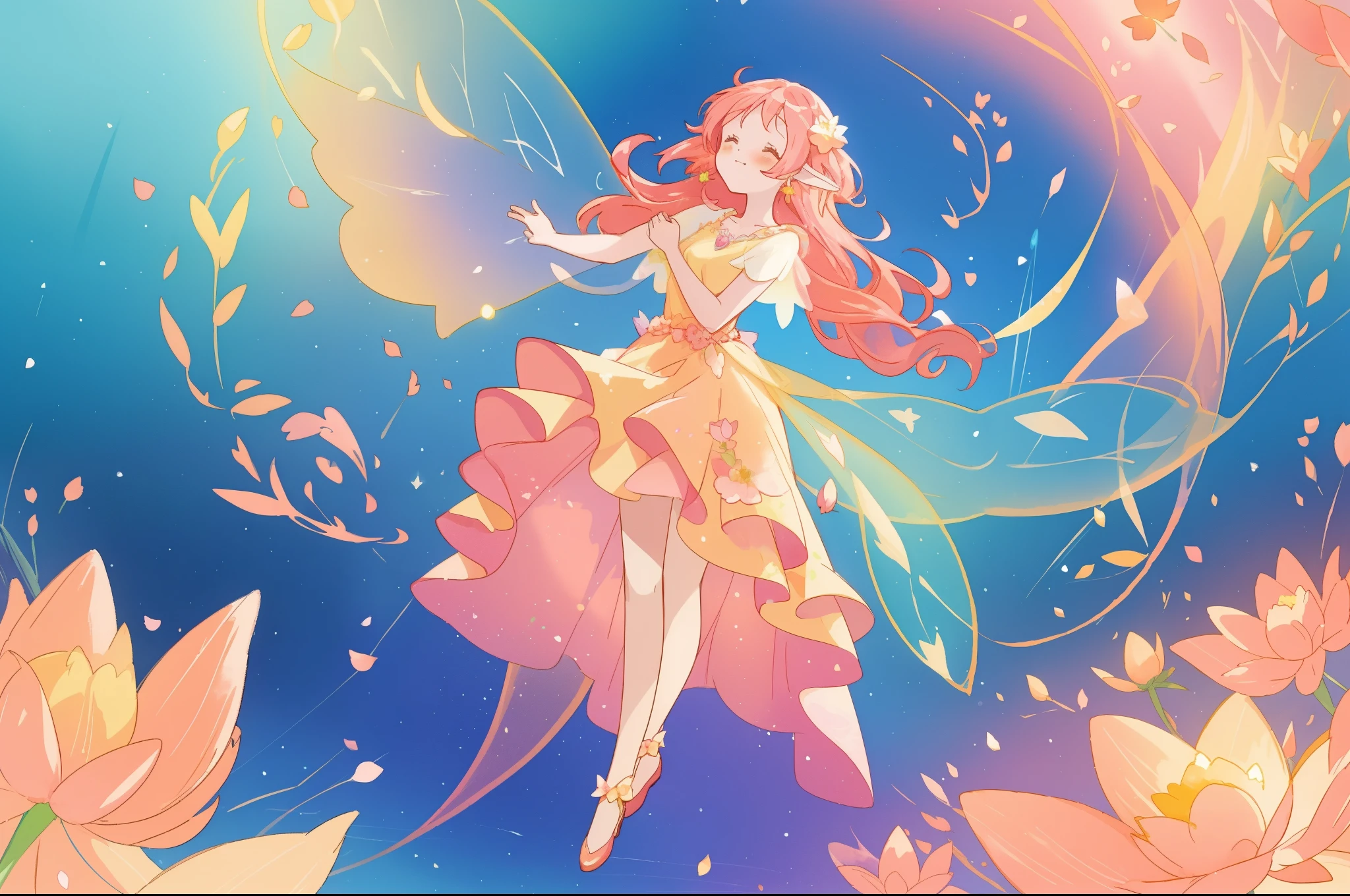 beautiful fairy girl in flowing yellow peach dress, long flowing pink peach red hair, large fairy wings on her back, colorful fantasia background, watercolor illustration, disney art style, glowing aura around her, glowing lights, beautiful digital illustration, fantasia otherworldly landscape plants flowers, beautiful, masterpiece, best quality, anime disney style