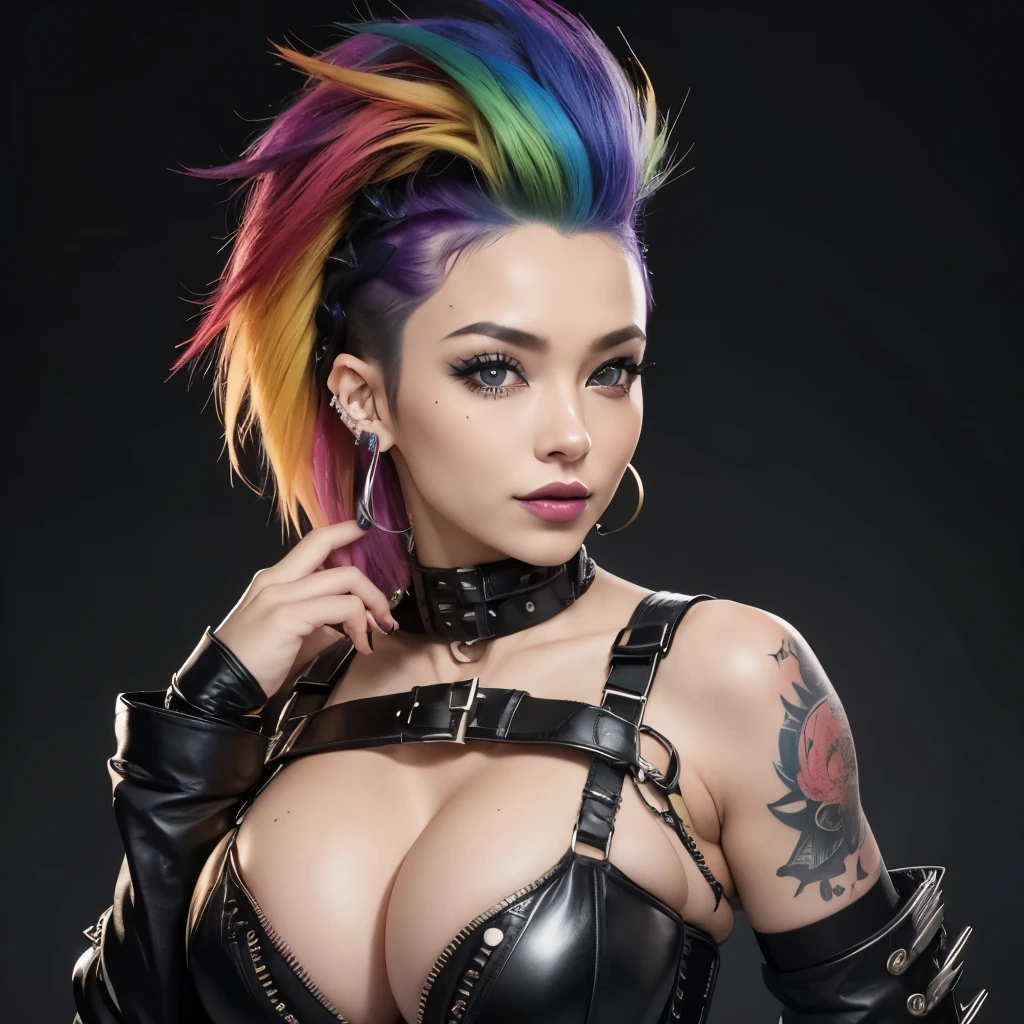 32K UHD QUALITY RESOLUTION, rainbow highlights, beautiful and sexy woman, accentuated super huge enormously gigantic tits, cleavage showing, wearing leather corset lace panties and thigh high boots with lots of straps buckles and zippers, front facing, wild messy punk mohawk hair, tattoo sleeves and piercings, sexy seductive slutty pose, full body portrait, facing forward, looking at viewer, bright colors, vivid colors, bright hair, vivid hair, blushing, shy smile, short hair, pixie haircut, rainbow hair