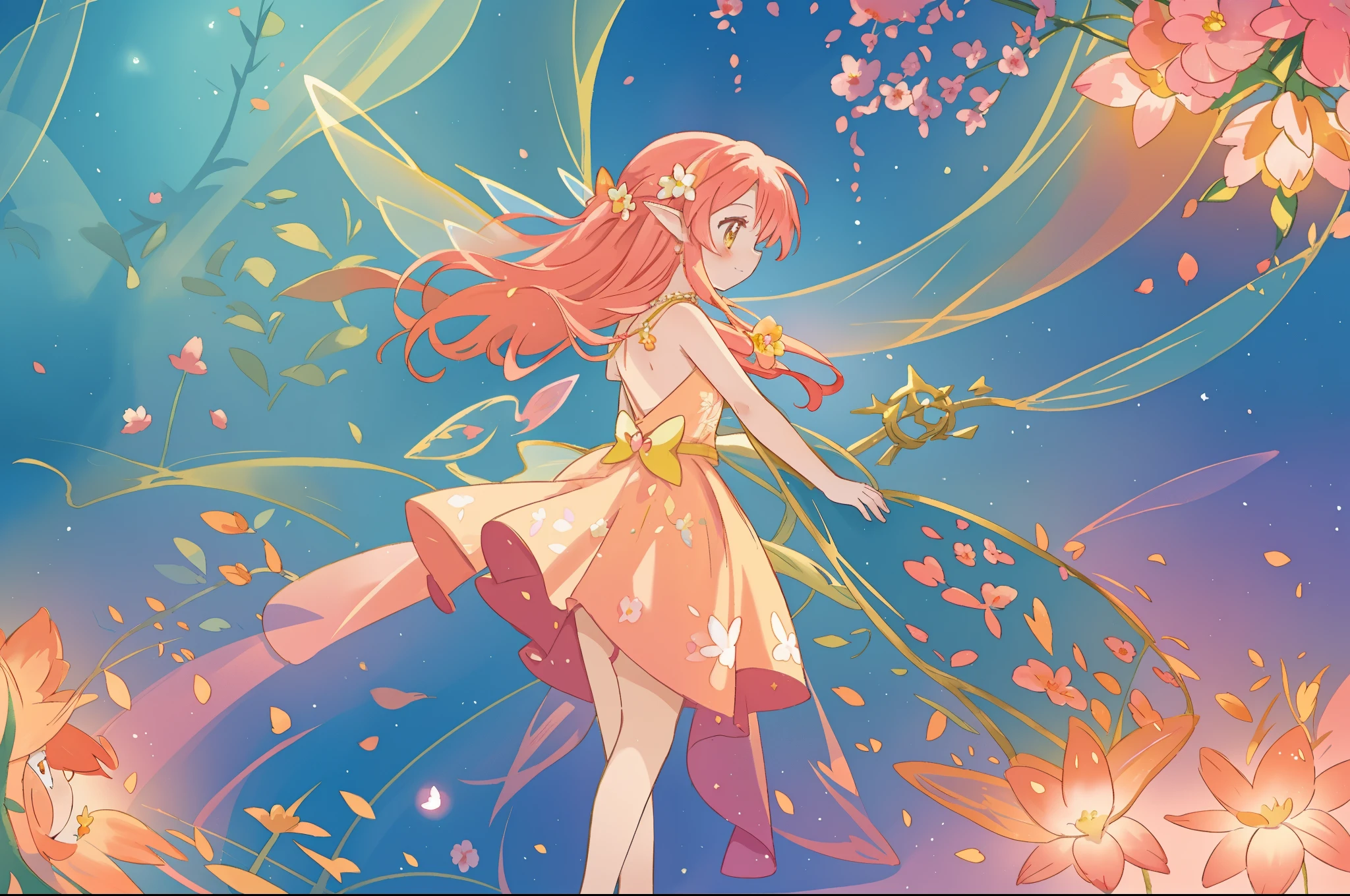 beautiful fairy girl in flowing yellow peach dress, long flowing pink peach red hair, large fairy wings on her back, colorful fantasia background, watercolor illustration, disney art style, glowing aura around her, glowing lights, beautiful digital illustration, fantasia otherworldly landscape plants flowers, beautiful, masterpiece, best quality, anime disney style