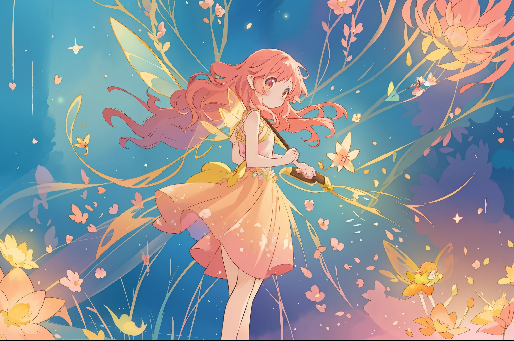 beautiful fairy girl in flowing yellow peach dress, long flowing pink peach red hair, large fairy wings on her back, colorful fantasia background, watercolor illustration, disney art style, glowing aura around her, glowing lights, beautiful digital illustration, fantasia otherworldly landscape plants flowers, beautiful, masterpiece, best quality, anime disney style