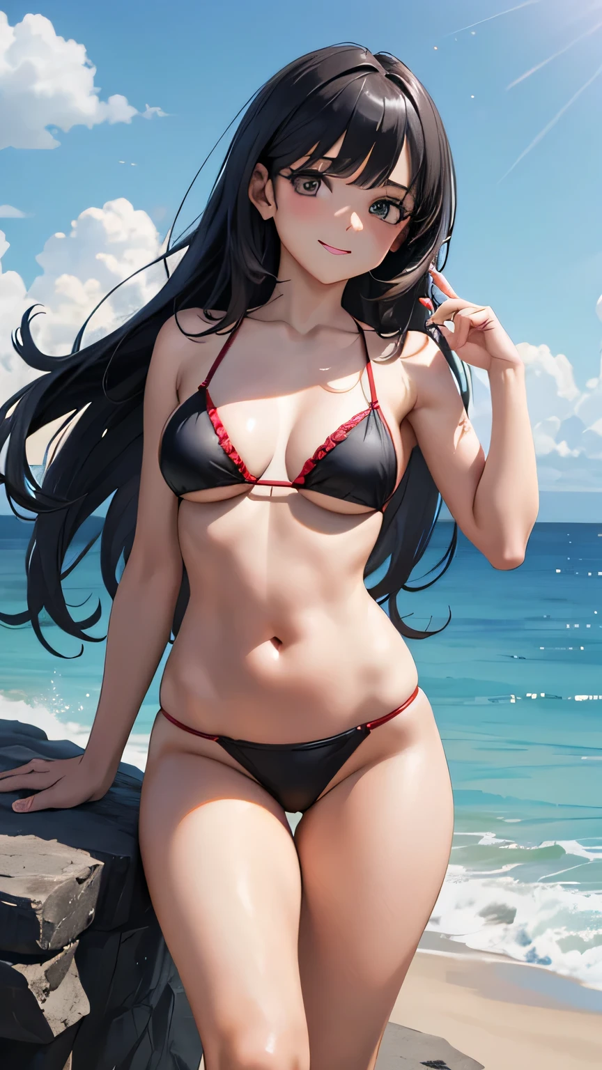 corpo todo,1 garota,sorriso caloroso,(figura perfeita,ser alto e magro),Sozinho,(ar livre:1), blue sky, concentre-se no peito,olhando para o mar,Rosto de Selina Gomez,Detalhe delicado rosto latino jovem, pele oleosa,(salva-vidas sexy, Red and black plaid bikini), dedo de camelo, (lindos seios naturais, tamanho dos seios C90),(belo quadril),(beautiful hand),(bela coxa),Smoke, vivid image,obra de arte, (Melhor qualidade:1.2),ultra-detalhado,realista,High definition,alta qualidade,cinematic light,rastreamento de raio,Ultra high resolution,Ultra HD,(Sobre Fotoreal:1.4),detalhes intrincados,textura detalhada,finamente detalhado,alta qualidade shadow, Fundo da praia de Miami, from head to toe, dedo de camelo