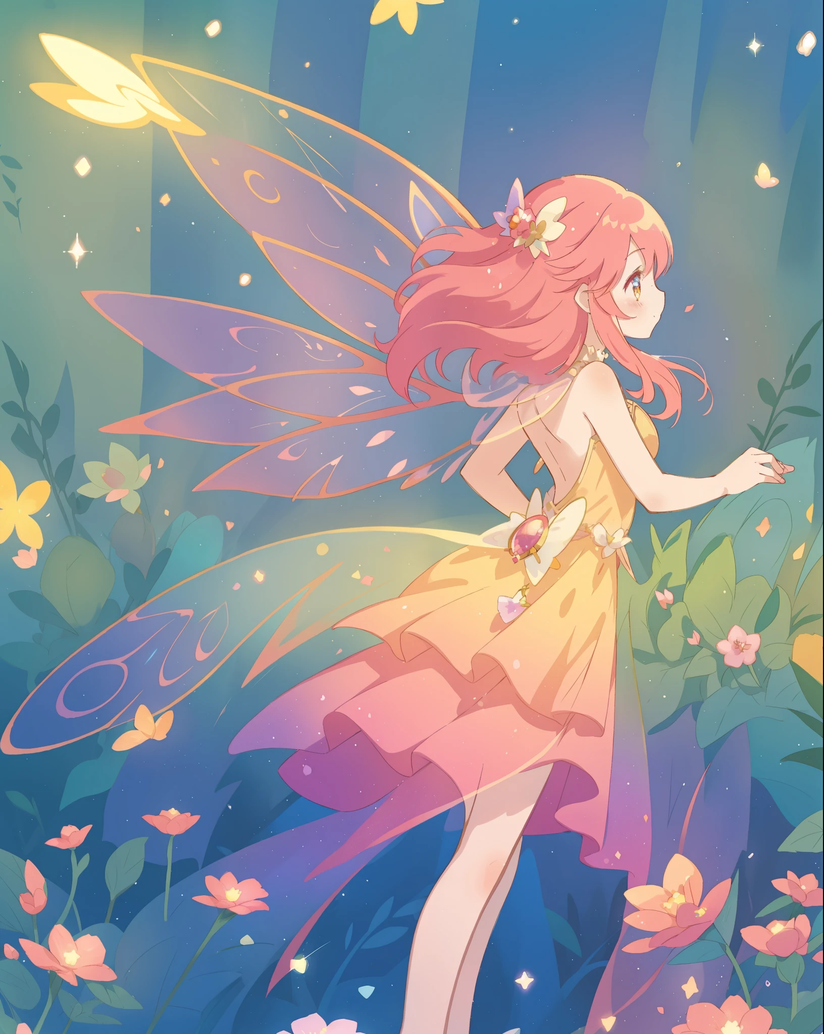beautiful fairy girl in a sparkling layered dress, long flowing pink peach red hair, (large sparkling colorful fairy wings on her back), colorful fantasia background, watercolor illustration, disney art style, glowing aura around her, glowing lights, beautiful digital illustration, fantasia otherworldly landscape plants flowers, beautiful, masterpiece, best quality, anime disney style