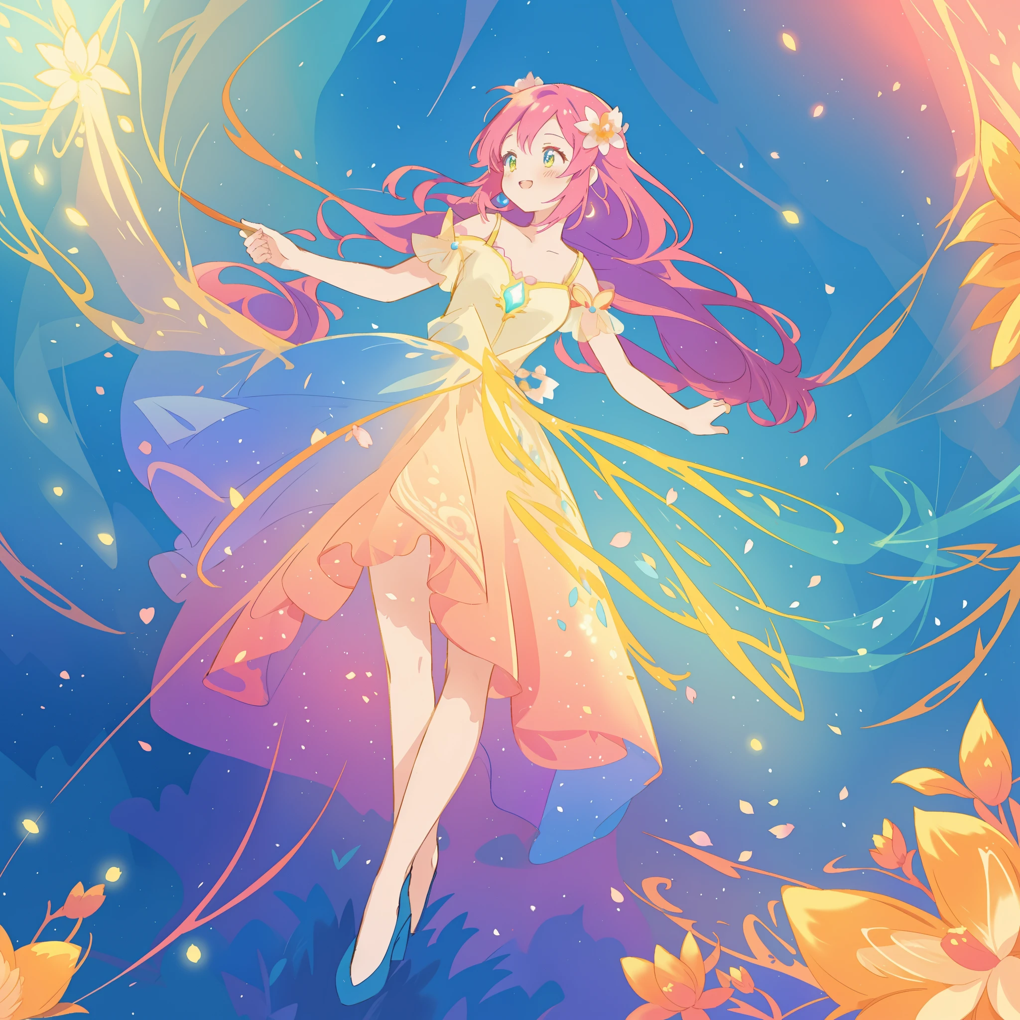 beautiful fairy girl in a flowing colorful dress, long flowing hair, colorful fantasia background, watercolor illustration, disney art style, glowing aura around her, glowing lights, beautiful digital illustration, fantasia otherworldly landscape plants flowers, beautiful, masterpiece, best quality, anime disney style