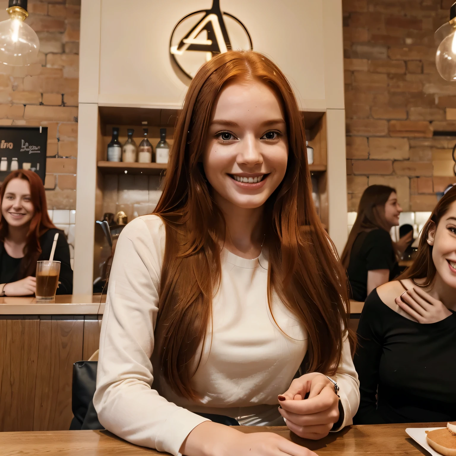 Um sorriso radiante ilumina o rosto do influenciador de IA com longos cabelos ruivos, Ultra high definition images of our AI digital influencer smiling while interacting with friends in a cafe in Amsterdam