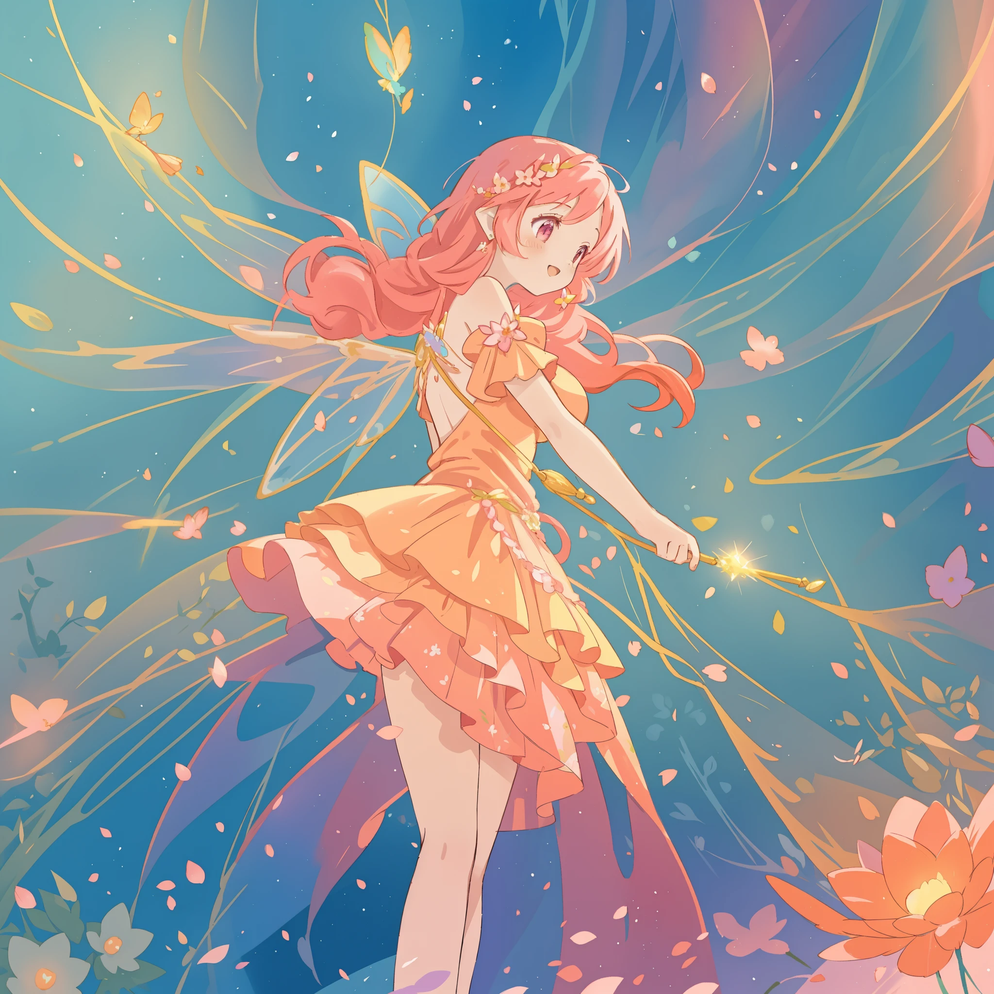 beautiful fairy girl in a flowing colorful layered dress, long flowing pink peach red hair, large fairy wings on her back, colorful fantasia background, watercolor illustration, disney art style, glowing aura around her, glowing lights, beautiful digital illustration, fantasia otherworldly landscape plants flowers, beautiful, masterpiece, best quality, anime disney style