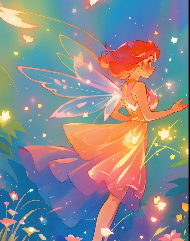 beautiful fairy girl in a sparkling layered dress, long flowing pink peach red hair, (large sparkling colorful fairy wings on her back), colorful fantasia background, flowers meadow, watercolor illustration, disney art style, glowing aura around her, glowing lights, beautiful digital illustration, fantasia otherworldly landscape plants flowers, beautiful, masterpiece, best quality, anime disney style