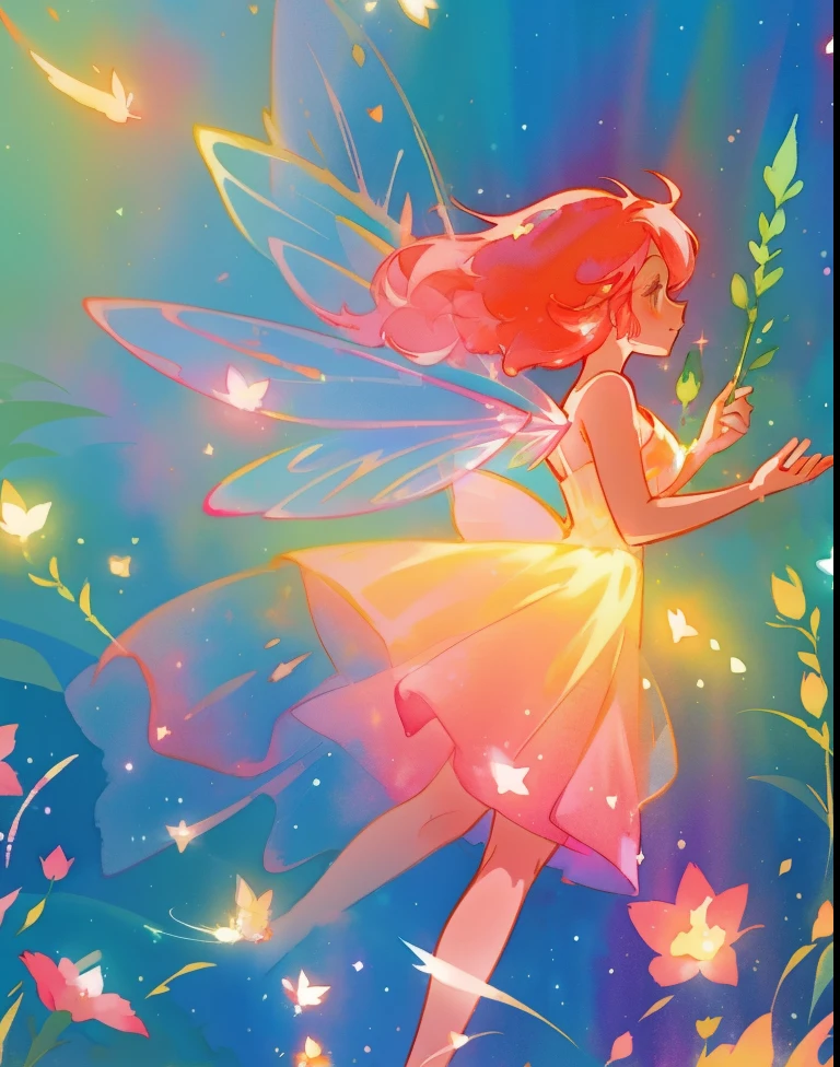 beautiful fairy girl in a sparkling layered dress, long flowing pink peach red hair, (large sparkling colorful fairy wings on her back), colorful fantasia background, flowers meadow, watercolor illustration, disney art style, glowing aura around her, glowing lights, beautiful digital illustration, fantasia otherworldly landscape plants flowers, beautiful, masterpiece, best quality, anime disney style