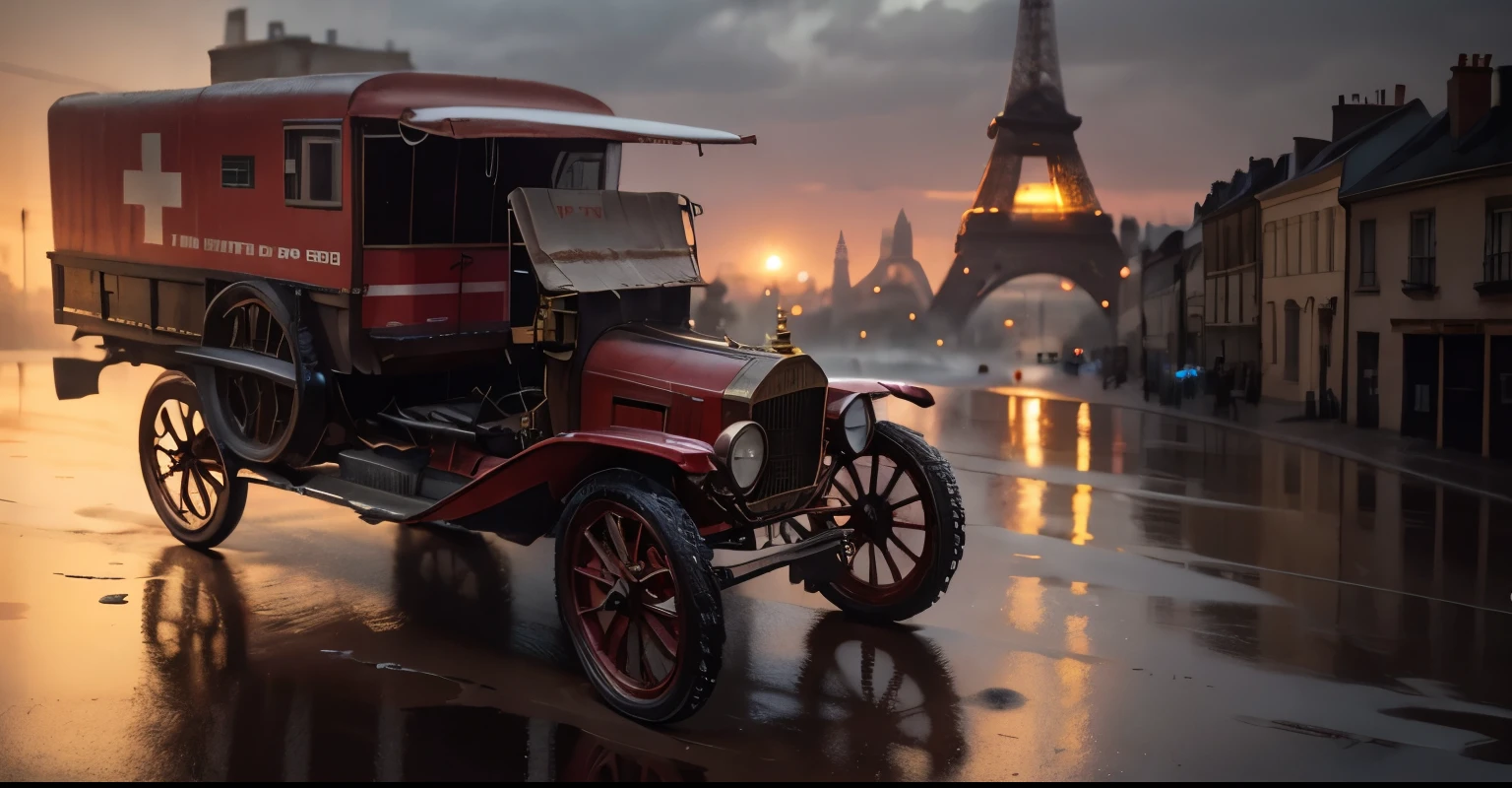 A steampunk Red Cross truck running spilling water everywhere in 1908 the weather is raining with the wet streets and old steampunk buildings around with the eiffel Tower in the background