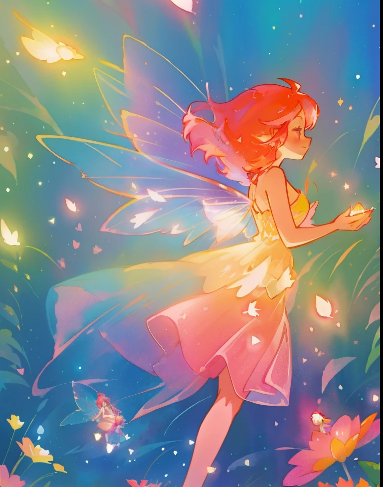 beautiful fairy girl in a sparkling layered dress, long flowing pink peach red hair, (large sparkling colorful fairy wings on her back), colorful fantasia background, flowers meadow, watercolor illustration, disney art style, glowing aura around her, glowing lights, beautiful digital illustration, fantasia otherworldly landscape plants flowers, beautiful, masterpiece, best quality, anime disney style