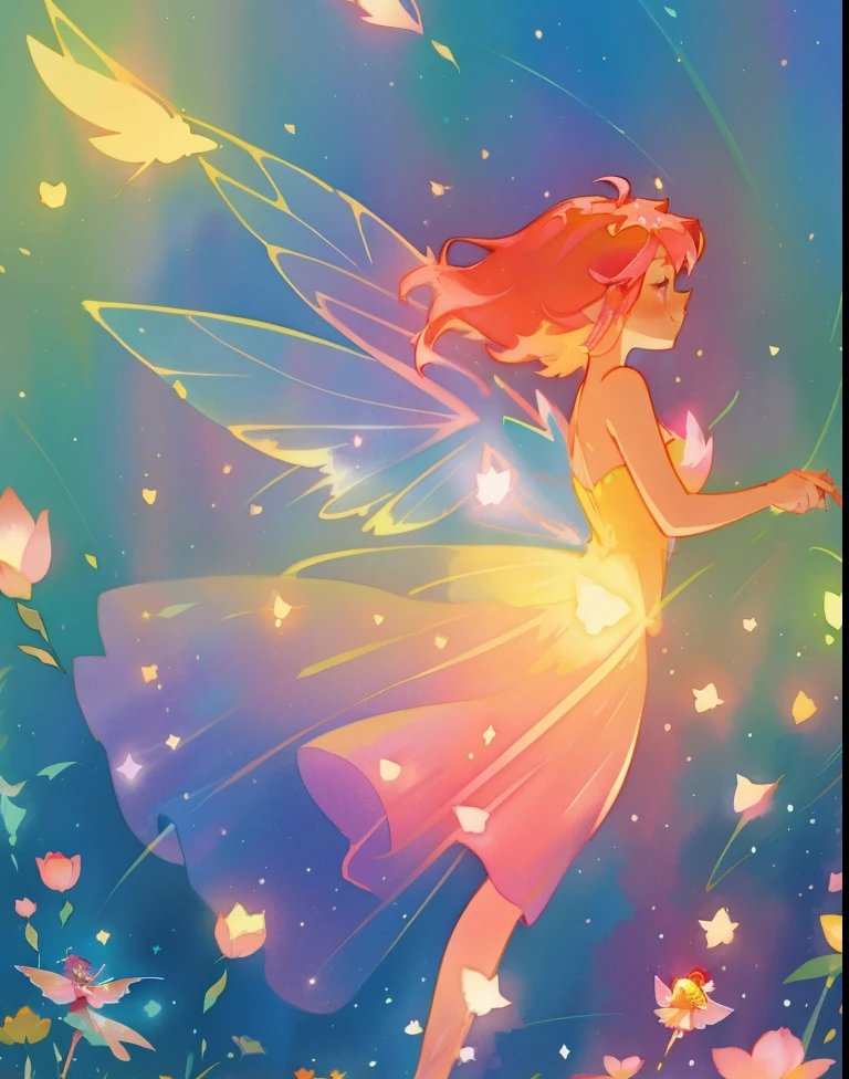 beautiful fairy girl in a sparkling layered dress, long flowing pink peach red hair, (large sparkling colorful fairy wings on her back), colorful fantasia background, flowers meadow, watercolor illustration, disney art style, glowing aura around her, glowing lights, beautiful digital illustration, fantasia otherworldly landscape plants flowers, beautiful, masterpiece, best quality, anime disney style