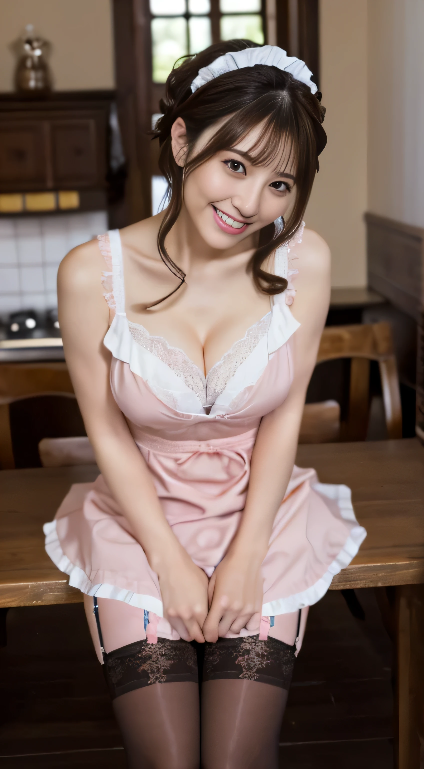 ((table top, highest quality, High resolution, nffsw, perfect pixel, 4k, nffsw, nffsw))), 1 girl, single, alone, Beautiful woman、I could see the whole body、 ((middle wave hair, bangs, brown hair)), ((brown eyes, beautiful eyelashes, realistic eyes)), ((detailed face, blush:1.2)), ((smooth texture:0.75, realistic texture:0.65, realistic:1.1, Anime CG style)), big breasts、soft chest、dynamic angle, perfect body, ((Maid clotheaid headband、ruffle apron、no skirt、stockings、No braにエプロン着用))、cook in the kitchen、(pink lace panties、No bra)、、、(stick out your butt、angle from below)、Very embarrassing panic smile、((、))、