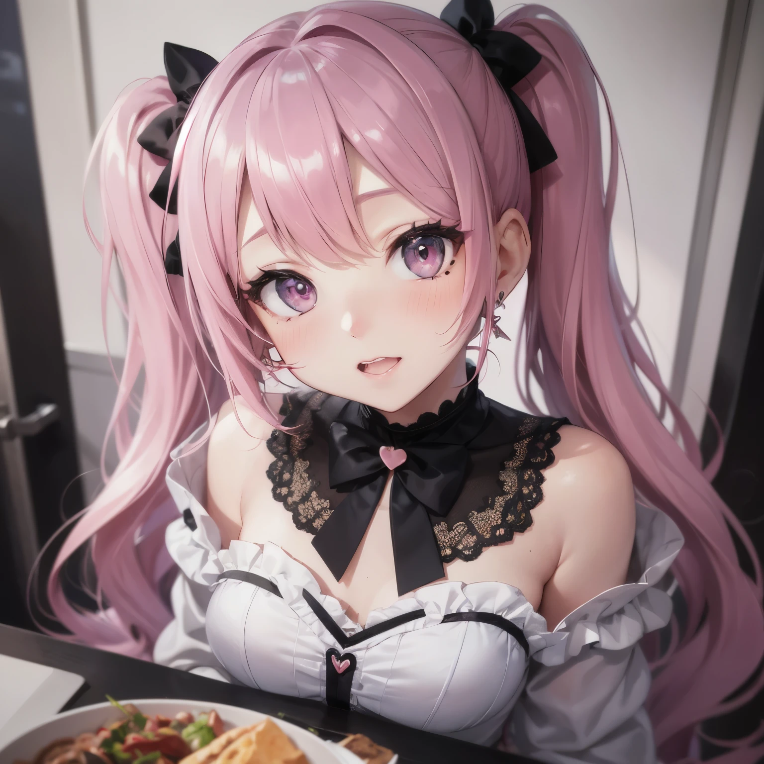 striped hair,pink twintail hair, Hello,  mole under eye, mole under mouth, heart shaped eyes, long eyelashes, pink eyes, heart shaped choker、Full body Esbian、look at the audience、shy, blush, teeth, ear blush, nose blush,anime style, color field paint, ray tracing, bloom, one person&#39;perspective, nffsw, award-winning, 16k, 最high quality, advanced details, high quality, table top, High resolution, Accurate, Super detailed