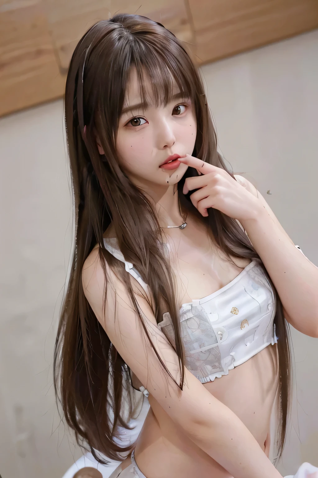 (8K,confused, High resolution, Super detailed, 1 girl）、、round face、slim、(flat body)、、brown hair、brown eyes、(unusually long hair:1.5)、(upper shot:1.5)、(Put your index finger to your mouth:1.23)