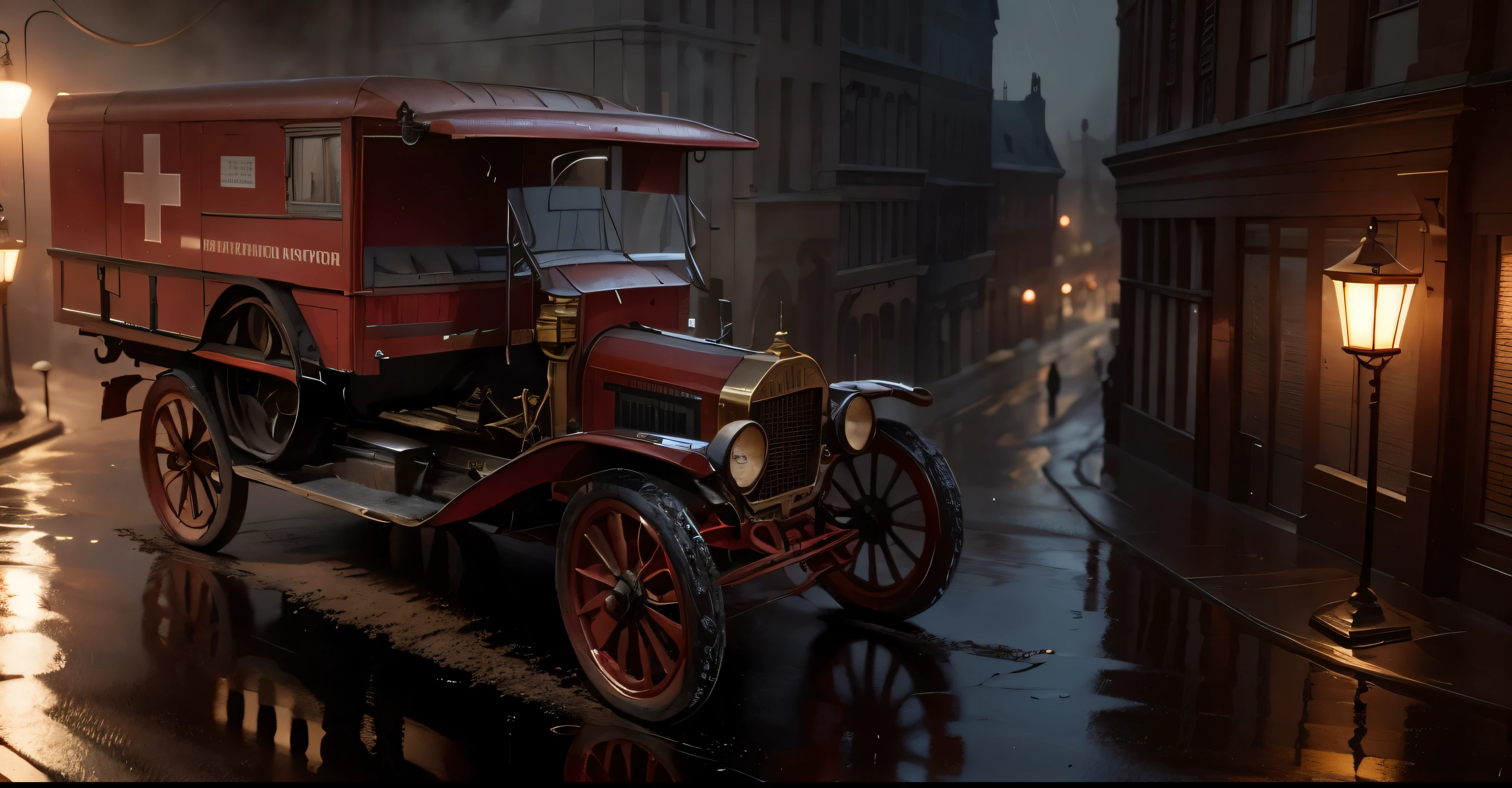 A steampunk Red Cross truck running spilling water everywhere in 1908 the weather is raining with the wet streets and old steampunk buildings around with the eiffel Tower in the background