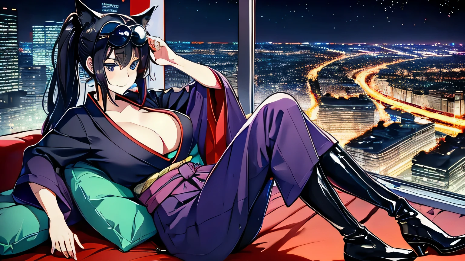 1 girl , alone ,Taisho Modern、big cleavage , greenish black hair、ponytail、fox ears、Brightly colored eyes、blue eyes、sunglasses、Dark purple kimono、red hair ornament、light purple long hakama、leather boots、Headphones around the neck、sunglasses、flashy necklace、Shotgun、sexy、charm、Wet、face turns red , sitting、Night city seen from the window