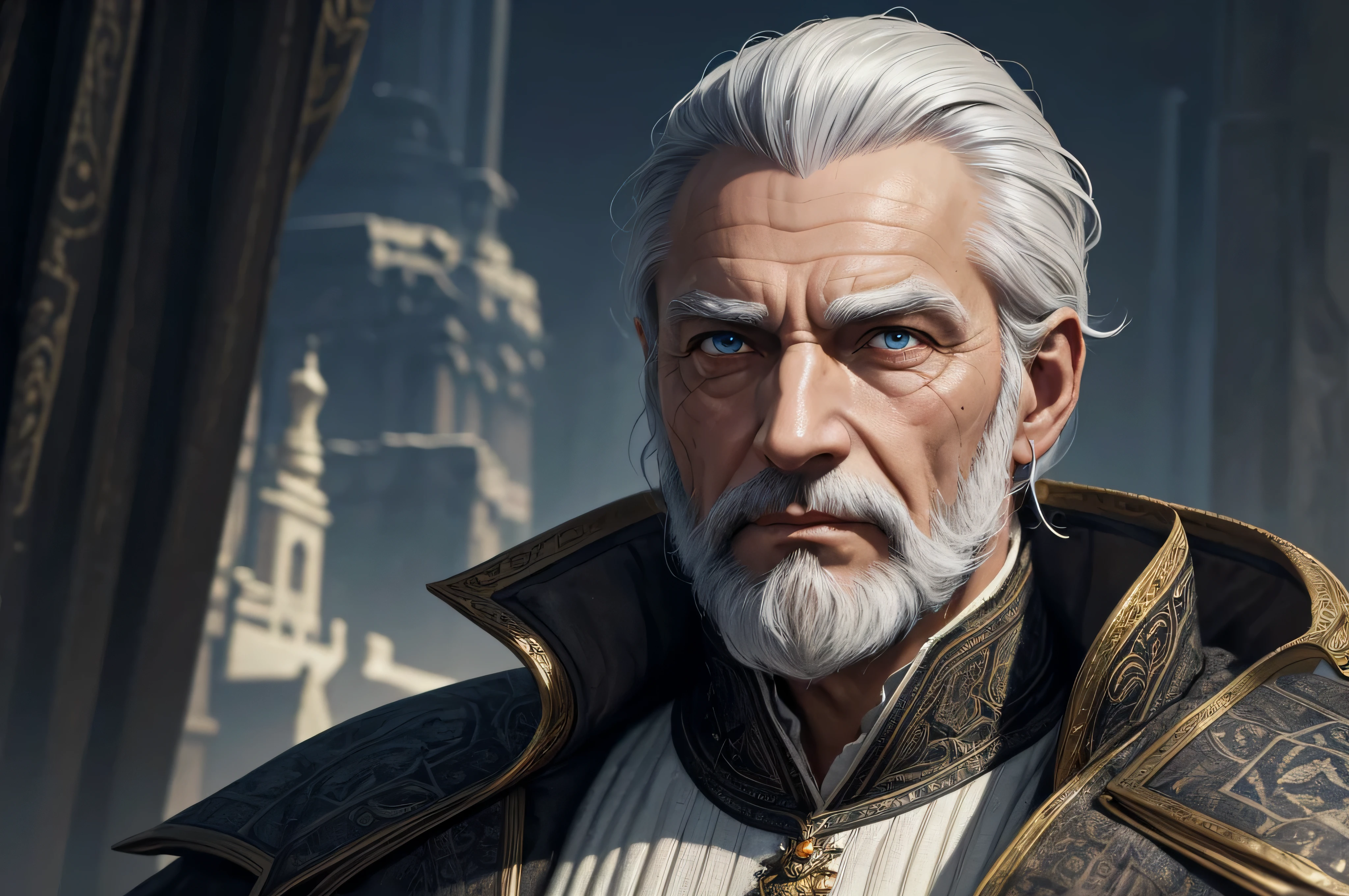 A man of medium height, with gray hair combed back and a face marked by age lines. His eyes are penetrating and observant. He usually wears luxurious clothing, reflecting his position as the city's religious leader and nobleman. (digital art, fantasy art, RPG art)