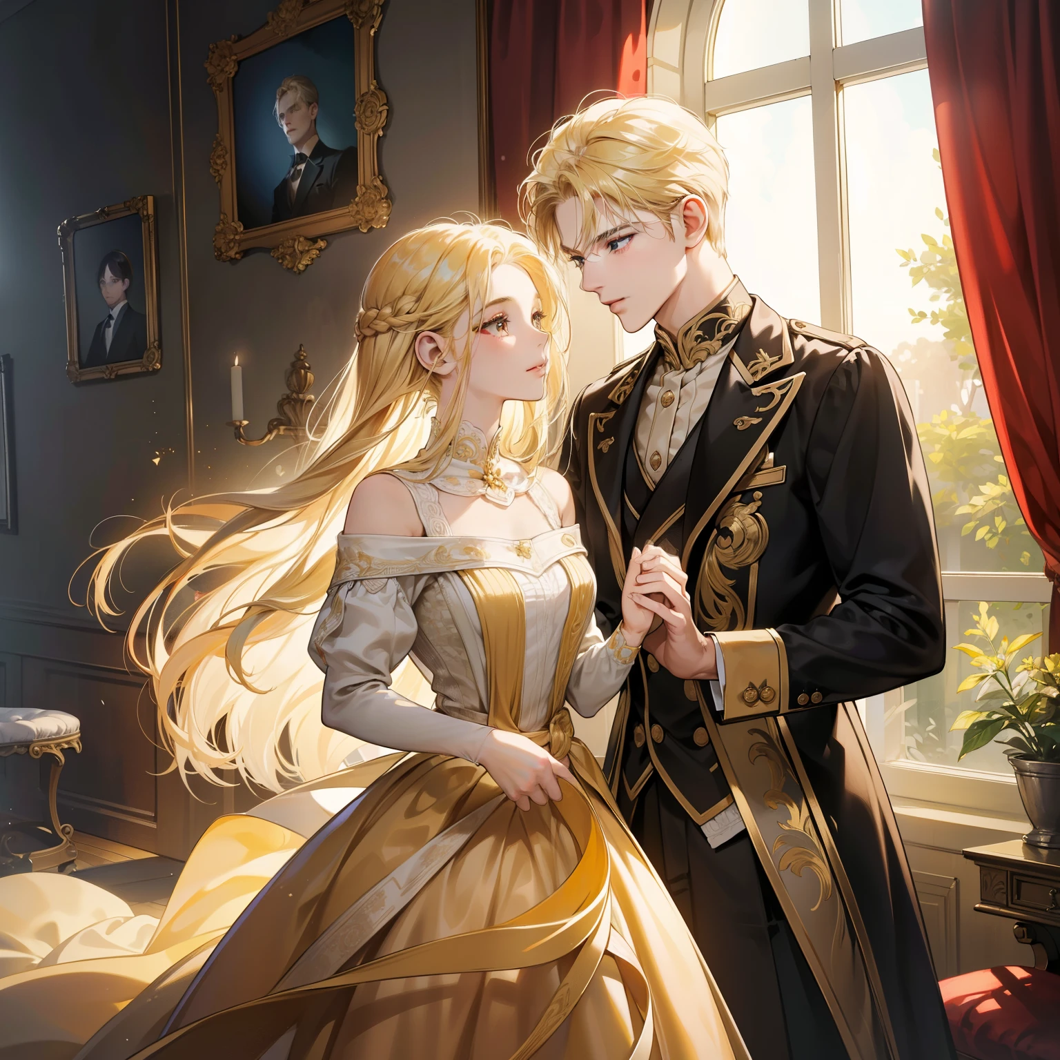 (ultra-detailed, captivating, youthful: 1.2), a girl with golden locks cascading down her shoulders, wearing a dress that complements her fair complexion, a blond boy standing beside her, both of them radiating an ethereal beauty, the sun illuminating their golden strands and the gentle breeze rustling the fabric of their clothing, their fingers intertwined, displaying a tender connection, the scene portrayed with meticulous detail and sublime color accuracy, the background subtly blurred to draw focus onto the dynamic pair. (high resolution: 1.4), (best quality, raw photo: 1.4), every detail visible with vivid