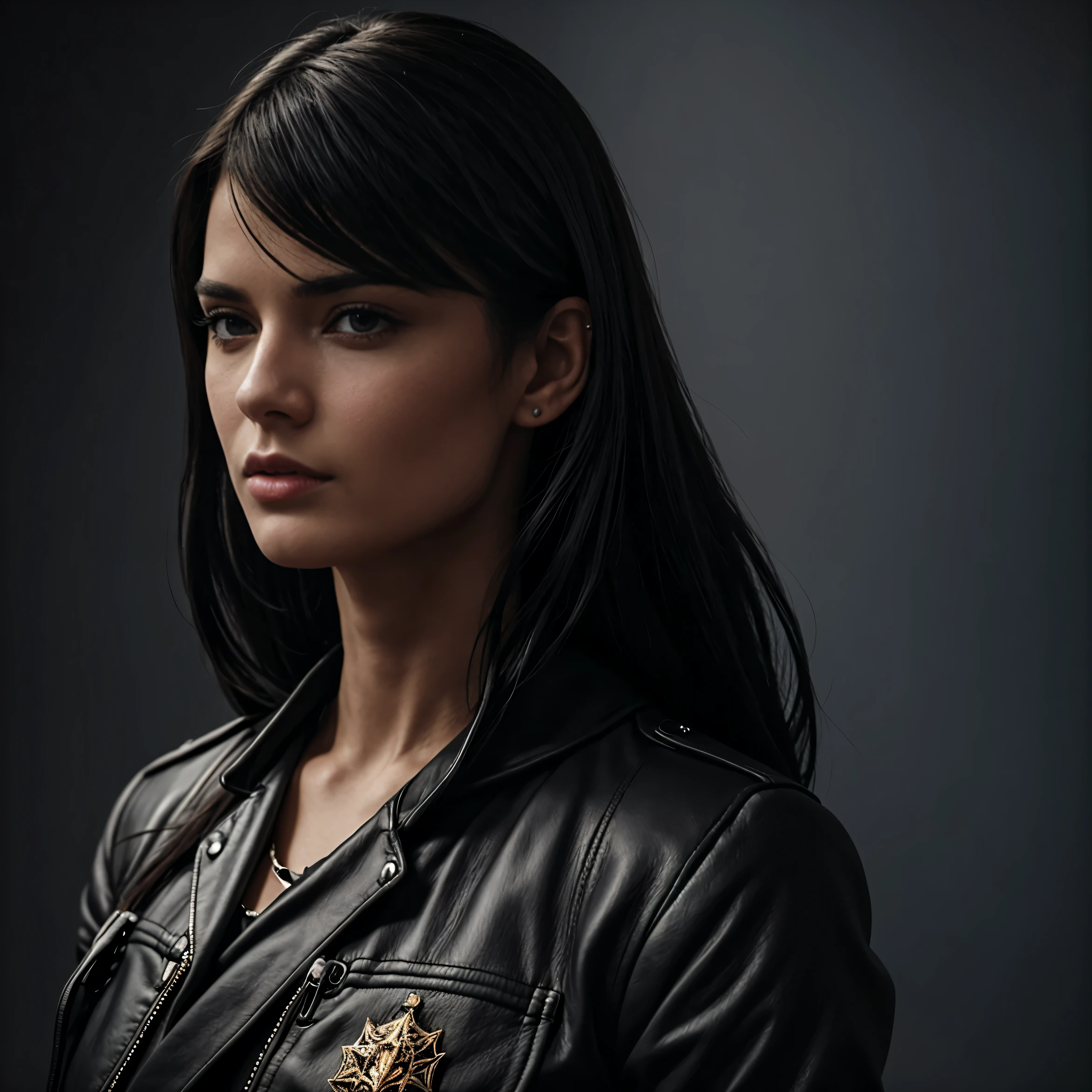 Create a realistic portrait of Kera Marchen, He captured her commanding presence and inner turmoil. Highlighting her striking features, Including porcelain skin, Dark eye piercing, and flowing midnight hair, In a way that conveys beauty and intensity. Make sure her outfit reflects her status as a high-ranking officer and her affiliation with supervillain ideologies that include symbols of power and authority.. Kira's portrayal is in a cinematic style, Evoking the atmosphere of a dark and miserable world, With shades indicating the internal conflicts and moral dilemmas faced. Accurately capture its essence, She conveys the complexity of her character and the relentless drive that defines her journey.