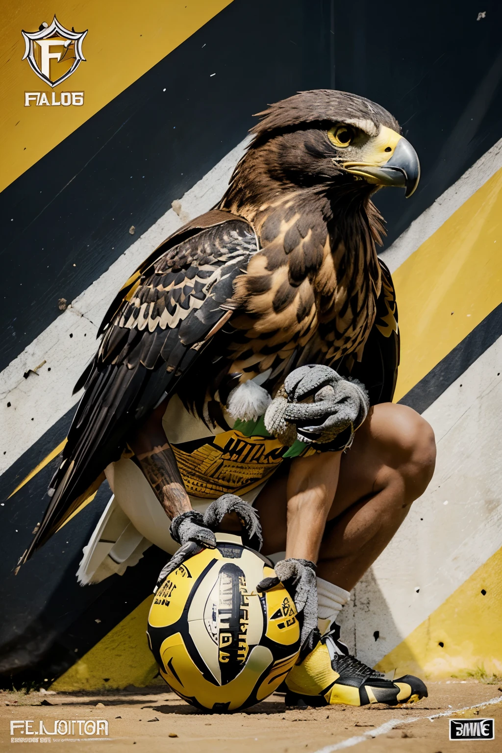 make a shield for a football team called Falcões with a falcon with a bad face holding a ball in its claws in yellow and black