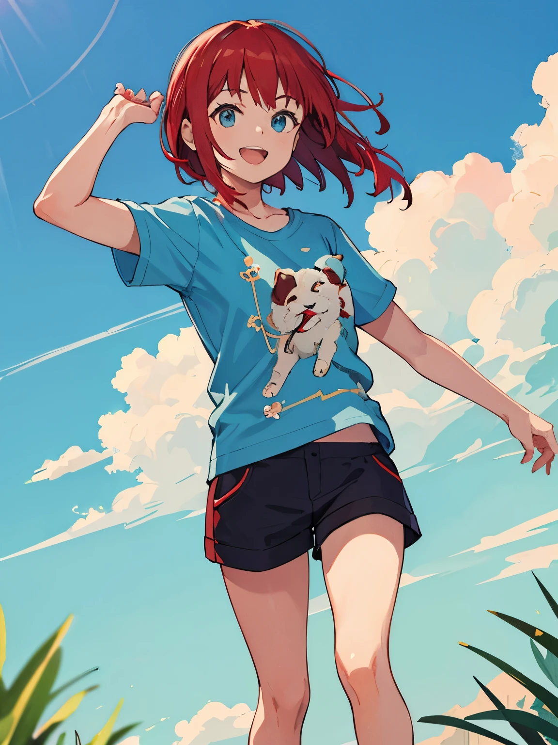 ((best quality)), ((masterpiece)), (detailed), perfect face,red hair,smile,open your mouth a little,summer,Blue sky,cloud,Standing picture,short sleeve t-shirt