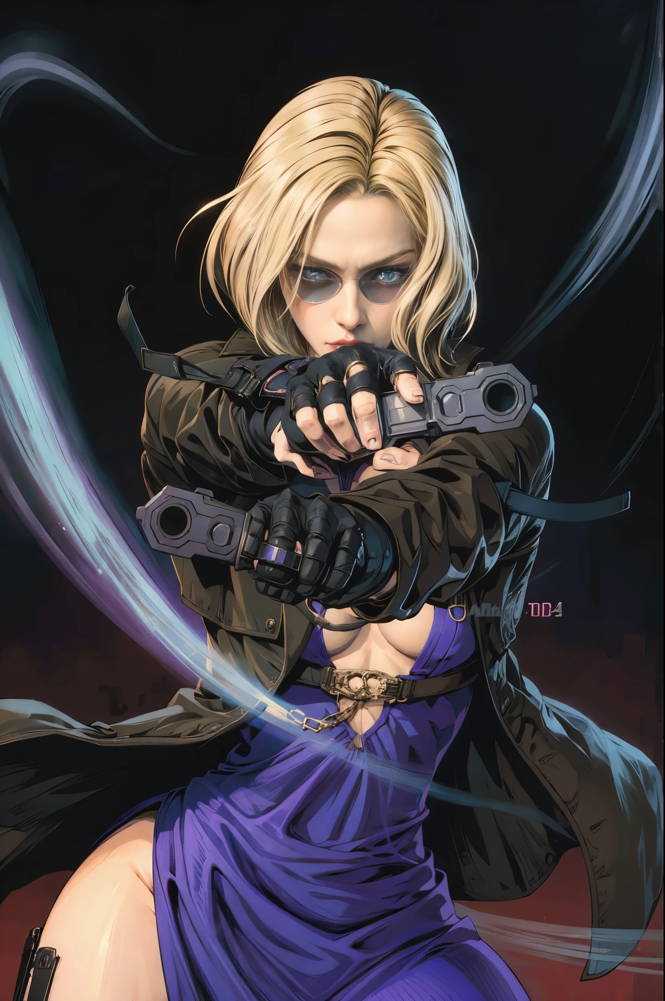 a cartoon picture of a woman in a purple dress holding a gun, Nina Williams, badass pose, annie leonhart, johan liebert mixed with alucard, high quality fanart, fan art, johan liebert, commission for high res, highly detailed exquisite fanart, hq artwork, annie leonhart in a neon city, looking like annie leonhart, glamorous jill valentine