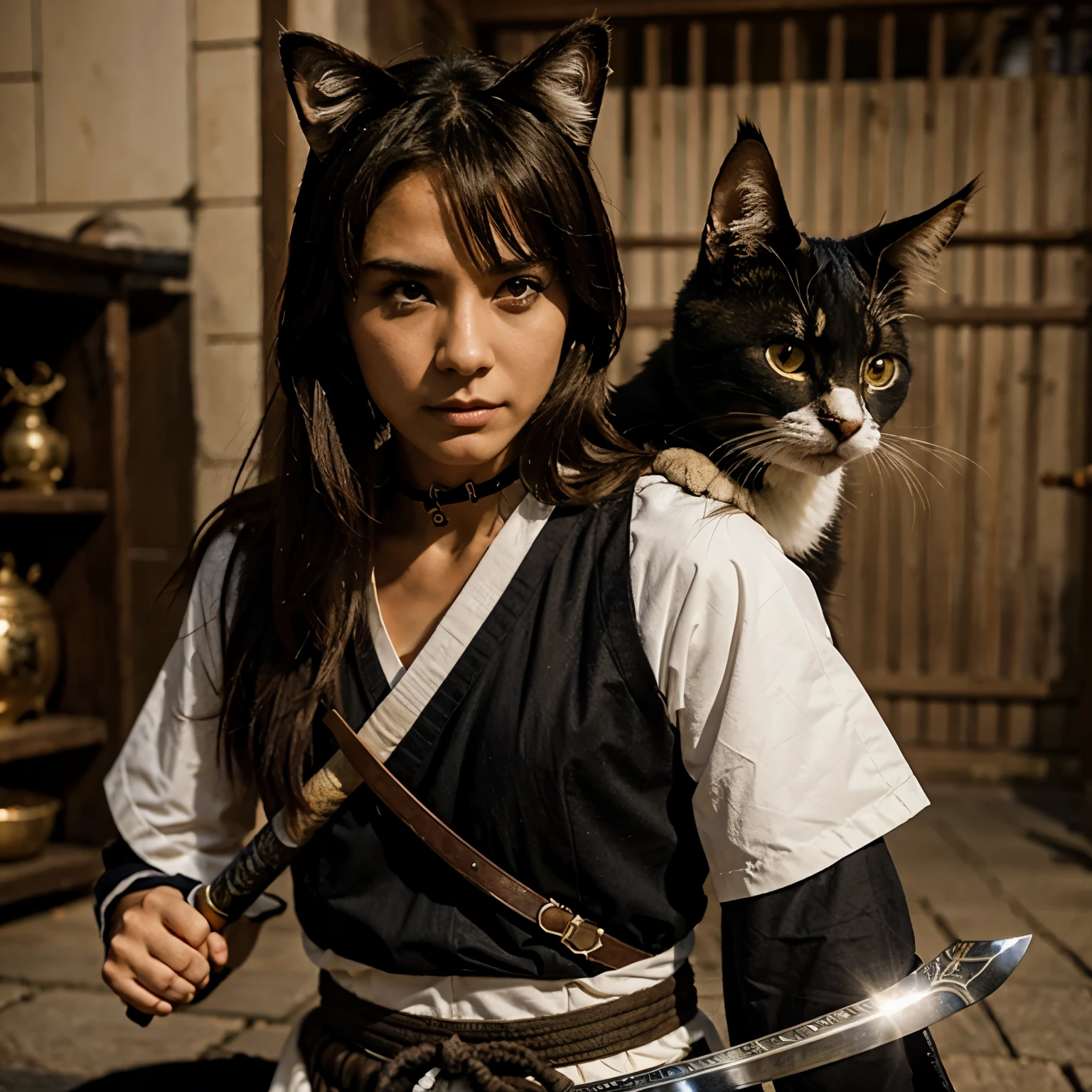 Un gato con una espada samurai
