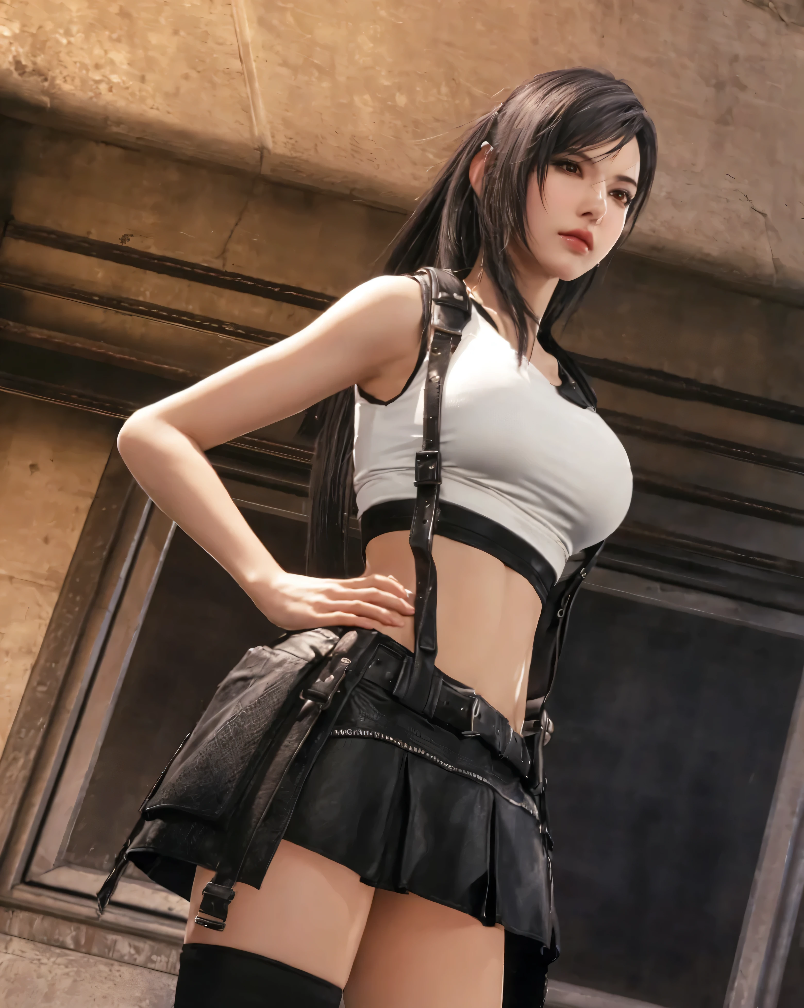 (Best Quality, 8K, 32K, masterpiece, nsfw),pretty girl pictures, Large breasts, background detailed blast furnace, ((1girl、solo)), realistic skin, ((tifa_lockhart)), (seductive smile:1.3), (((leather mini skirt:1.3))), cowboy shot, (((suspender, tank tops, A dark-haired, length hair, elbowgloves))), ((Beautiful detailed red eyes)), (Beautiful highlights of red eyes)), Facial light, navel, High exposure, Exposure of the abdomen. ribs, abs, (huge breasts:1.5), dynamic poses, dynamic ungle, slightly open lips,(((white panties))), looking at viewer, ((From below:1.5))
