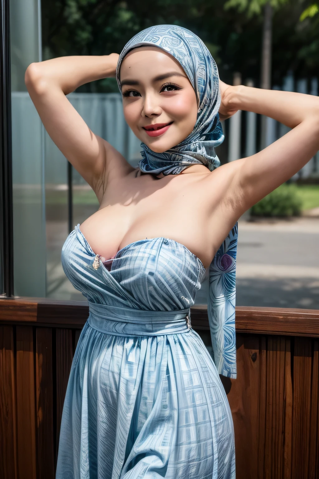 a beautiful Malaysian woman smiling with hijab standing outside, ((showing armpits)), chubby but fit, wearing strapless batik dress, Zeiss planar t* 88mm f/1.2, kodak portrait, UHD image, sovietwave, distinct facial features