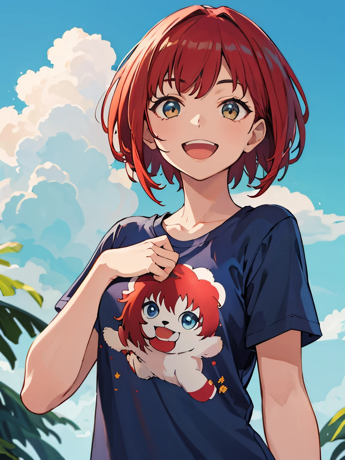 ((best quality)), ((masterpiece)), (detailed), perfect face,red hair,smile,open your mouth a little,summer,Blue sky,cloud,Standing picture,short sleeve t-shirt,Upper body
