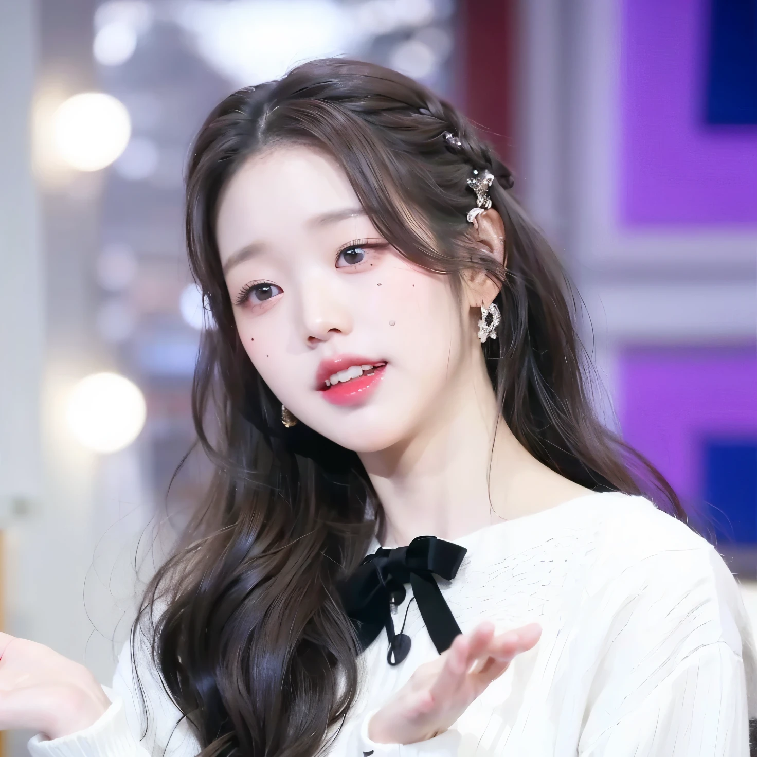 Un primer plano de una mujer con el pelo largo y pelinegro, Wonyoung de IVE, Retrato de Wonyoung de IVE, Wonyoung de IVE, Jang Wonyoung de IVE, maquillaje popular de Corea del Sur, Wonyoung de IVE, Retrato Wonyoung IVE, Tono de piel rosa pastel, Wonyoung de IVE, maquillaje coreano popular