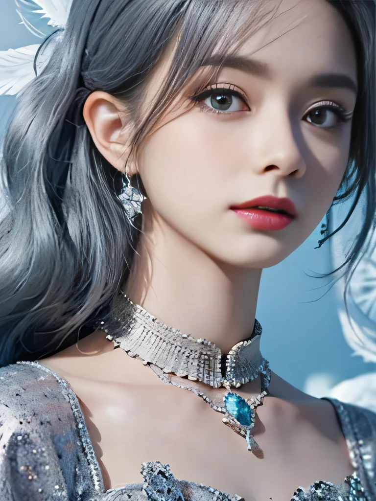 4K、she is a wind fairy、angel wings on the back、blue eyes、Dress that shows your collarbones、blue sky background、close up of face、gray hair、big feathers、Blue and white background、platinum decoration、platinum earrings、platinum necklace、Platinum Silver Hair、platinum silver eyebrows、flashy decoration、random hairstyle、white and blue、smile、clear white skin、well-groomed face、