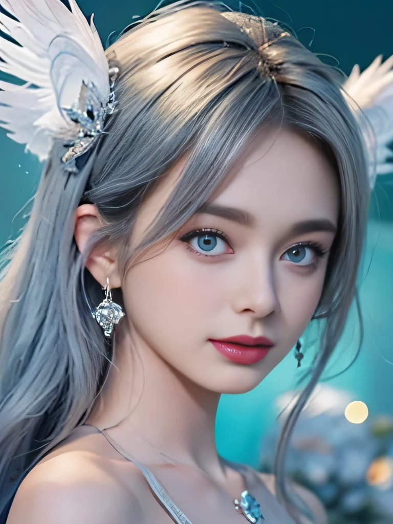 4K、she is a wind fairy、angel wings on the back、blue eyes、Dress that shows your collarbones、blue sky background、close up of face、gray hair、big feathers、Blue and white background、platinum decoration、platinum earrings、platinum necklace、Platinum Silver Hair、platinum silver eyebrows、flashy decoration、random hairstyle、white and blue、smile、clear white skin、well-groomed face、