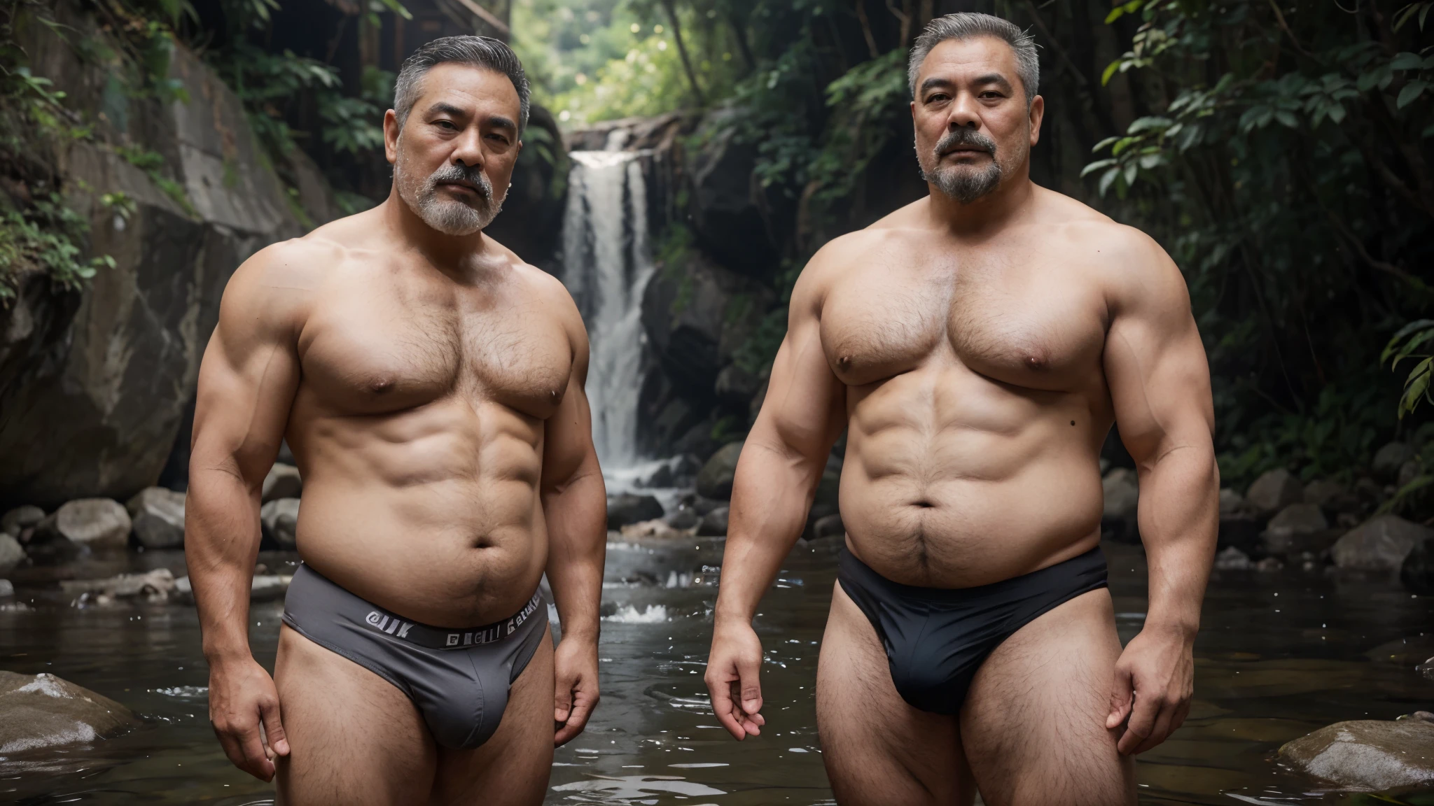 2 big Vietnamese grandfathers with gray hair, mature face, a thick mustache, a short chin beard, bear body, wearing a massive bulging gray jockstrap standing close together at the stream, have belly, big muscular chest, a sexy pose, show full body
