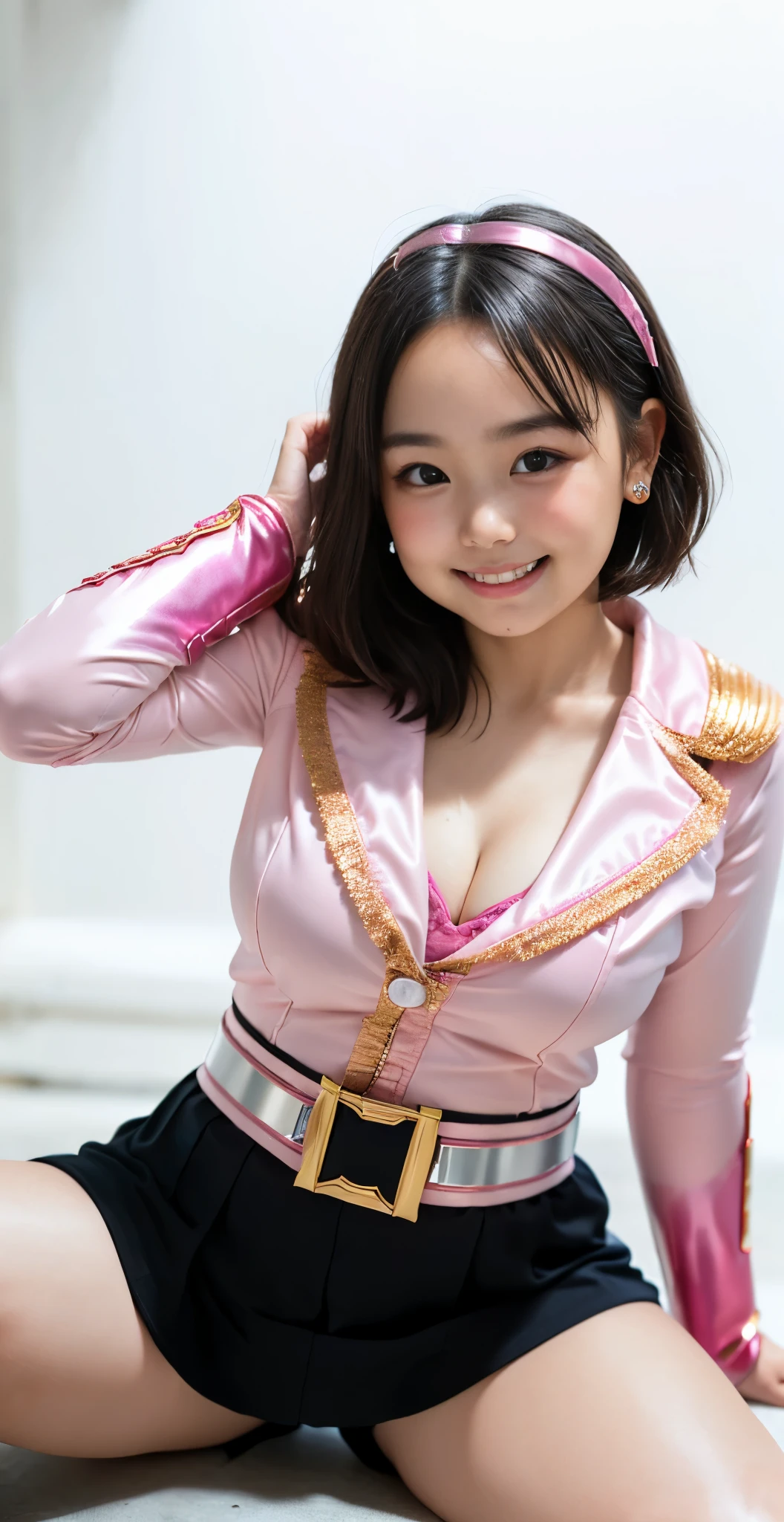 （8K、Raw photography、highest quality、masterpiece：1.2),(black haired、very short hair:1.8),(twin mitsu braid:1.4)、show viewer,Looking at the front,erotic,白いskin,(Bishoujo Sentai、She is wearing a shiny pink ranger costume 。.:1.9)、()、(Clothing that emphasizes the shape of your chest、publish one&#39;skin:1.8)、(big breasts :1.4)、slim body shape、ultra high resolution,beautiful,beautiful fece,(alone、no background:1.9),whole bodyボディー,japanese woman,（Photoreal：1.37）、photon mapping,reality、(Baby-faced and cute: 1.1)、(cute smile: 1.7)、(With a round face: 1.8)、radio city、Physically based rendering、depth of field rally background、photograph, (I can see your knees,bottomless、spread your legs wide、close up of thighs:1.6),whole body、super fine